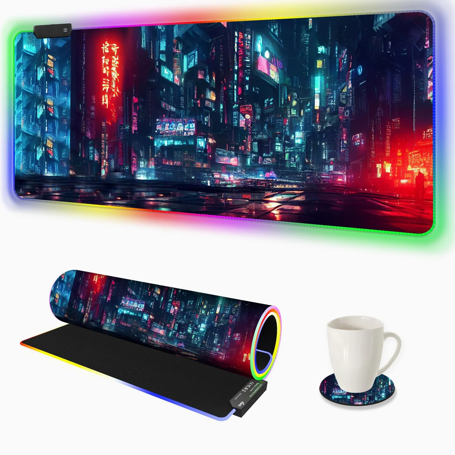 ARTSO Tappetino per mouse da gioco RGB, grande, morbido, esteso, con 14 modalità di illuminazione, 2 luminosità, resistente all'acqua, tappetino per mouse per computer, 89,9 x 40 cm, città notturna
