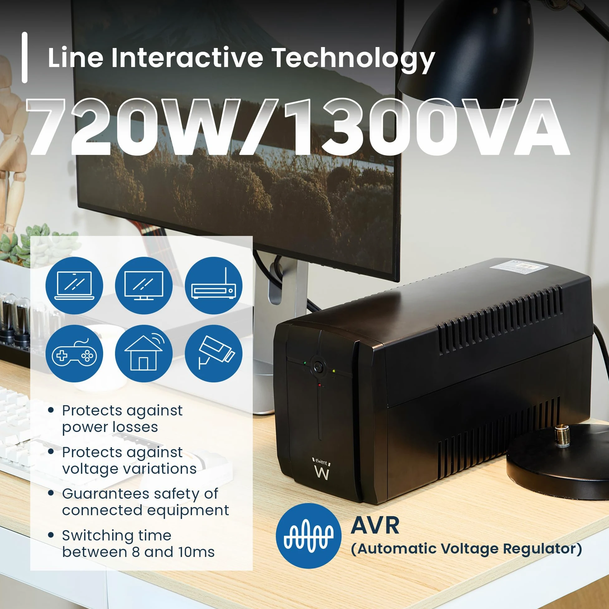 Ewent UPS Gruppo di continuità, Potenza 1300VA (720W) 250V, Protezione da Sovratensioni,Sbalzi Corrente e Blackout, Autonomia 20 min, 3 prese Schuko EU, AVR Line Interactive per PC, Modem, Console