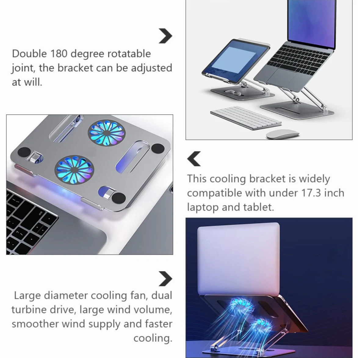 Dispositivo di raffreddamento per notebook in lega di alluminio, doppia ventola, altezza regolabile e struttura robusta per laptop e tablet fino a 17,3 pollici