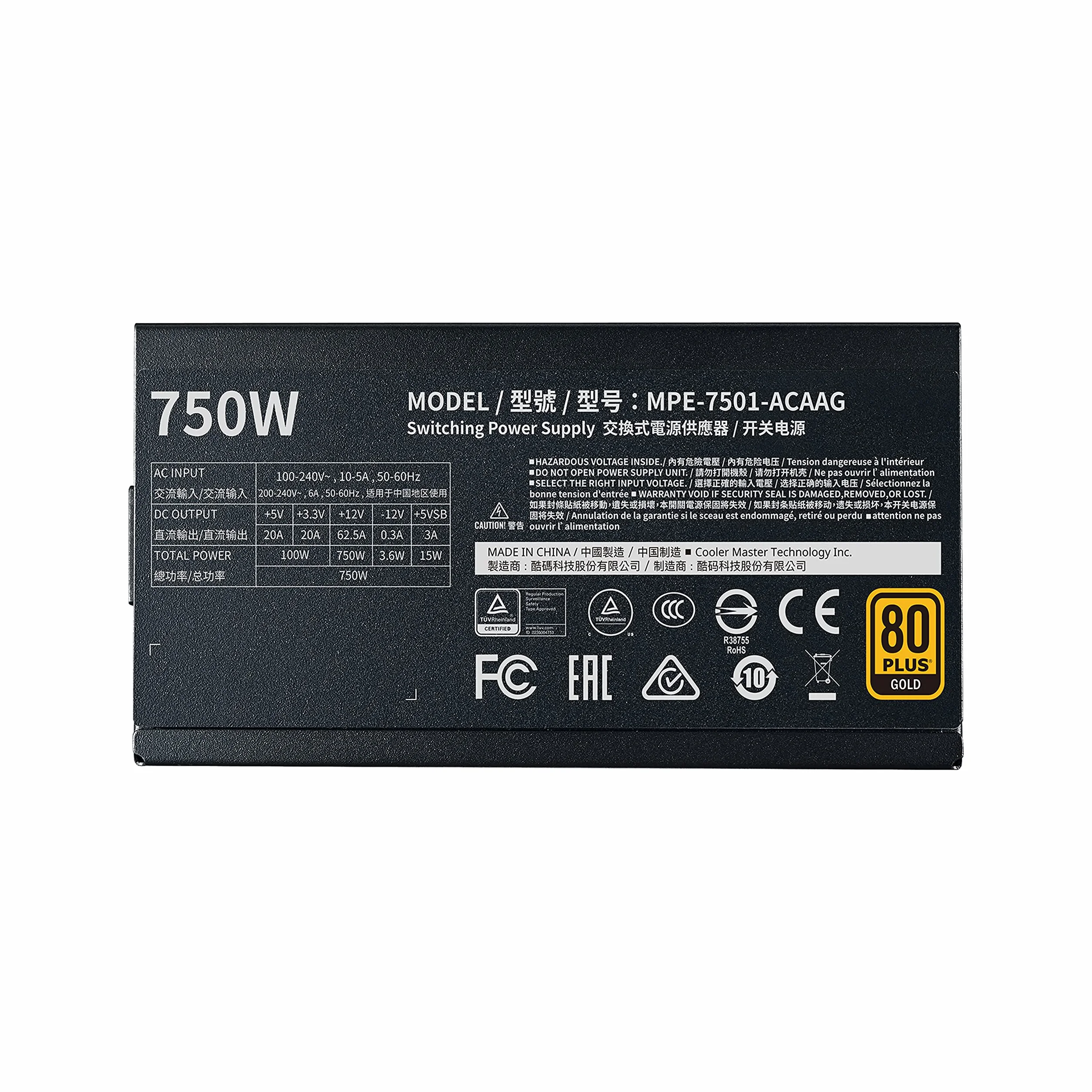 Cooler Master MWE 750 Gold V2 Alimentatore Completamente Modulare (Spina UE) - 80 PLUS Gold da 750W, Cavi Piatti Neri, Ventola HDB da 120mm, Soglia Alta Temperatura -