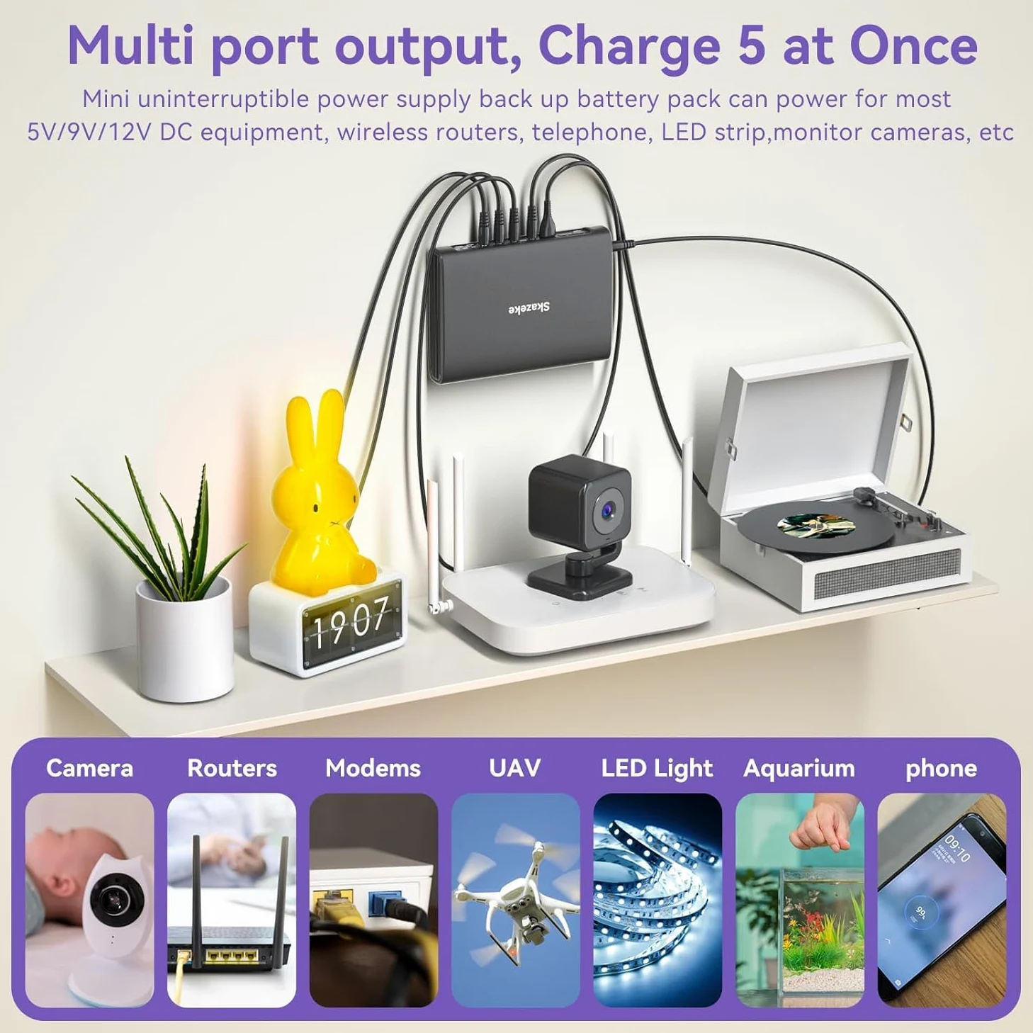 Mini UPS Skazeke 20000 mAh Mini UPS con 5 uscite DC 5V/9V/12V/3A,USB 5V/3A, alimentazione Wi-Fi senza interruzioni per router/modem/telecamera IP/pompa