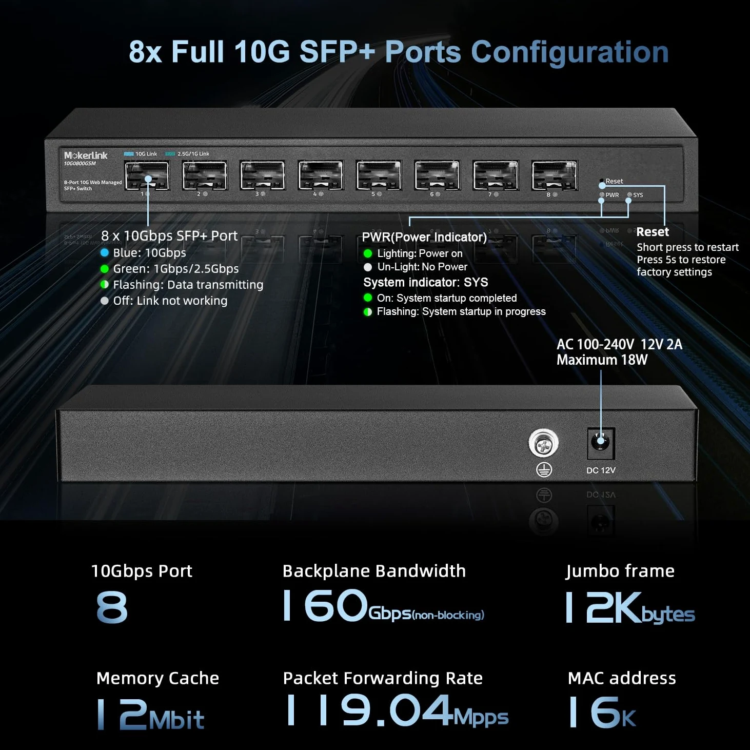 MokerLink Switch gestito 8 porte 10Gbps SFP+, supporto modulo SFP 1G/2,5G/10G, larghezza di banda 160Gbps, switch di rete gestito Web senza ventola in metallo