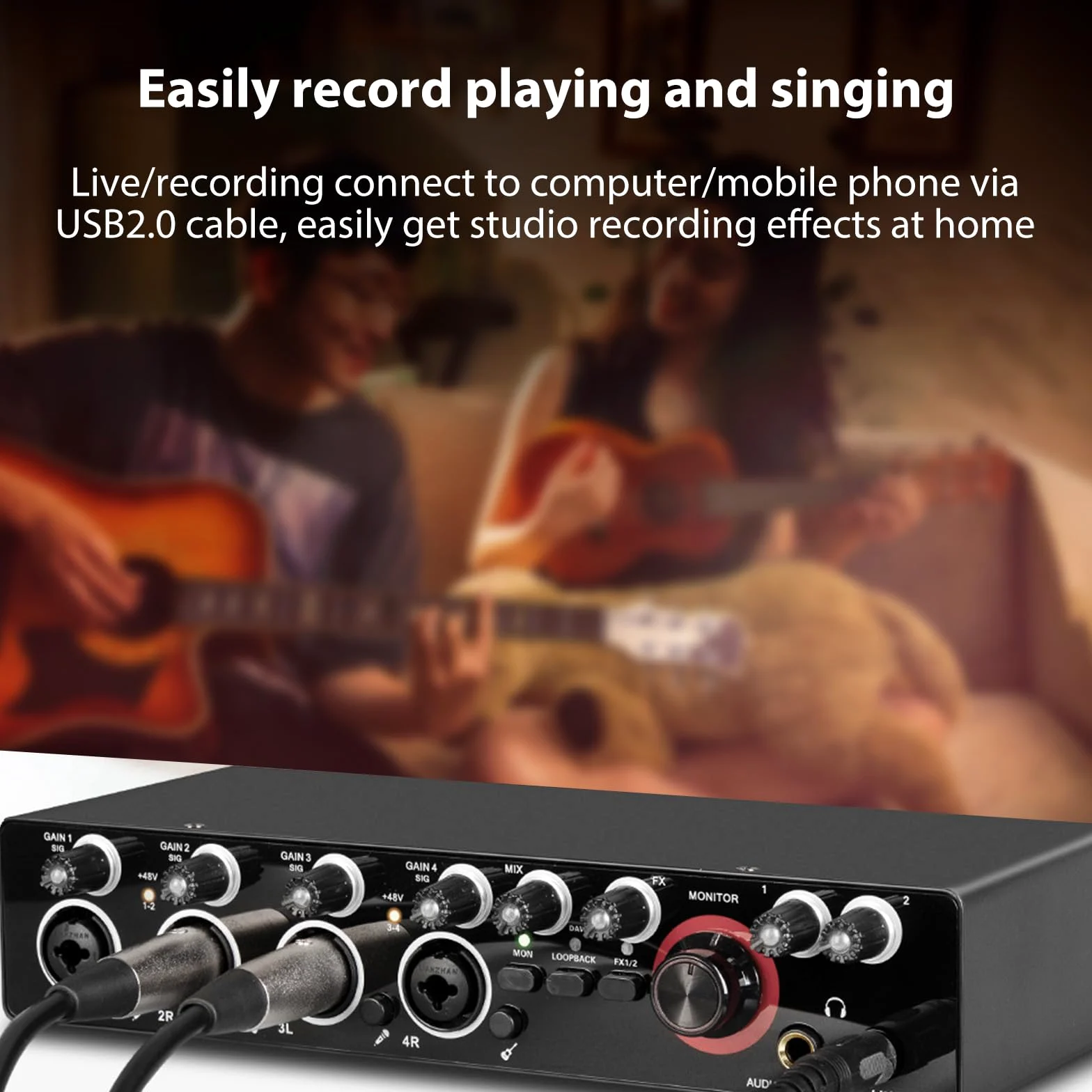 HXBER Scheda audio di registrazione a 4 canali con interfaccia audio senza driver, scheda audio USB da 4 pollici a 4 uscite, 24 bit/192 kHz, alimentatore phantom 48 V per registrazione professionale