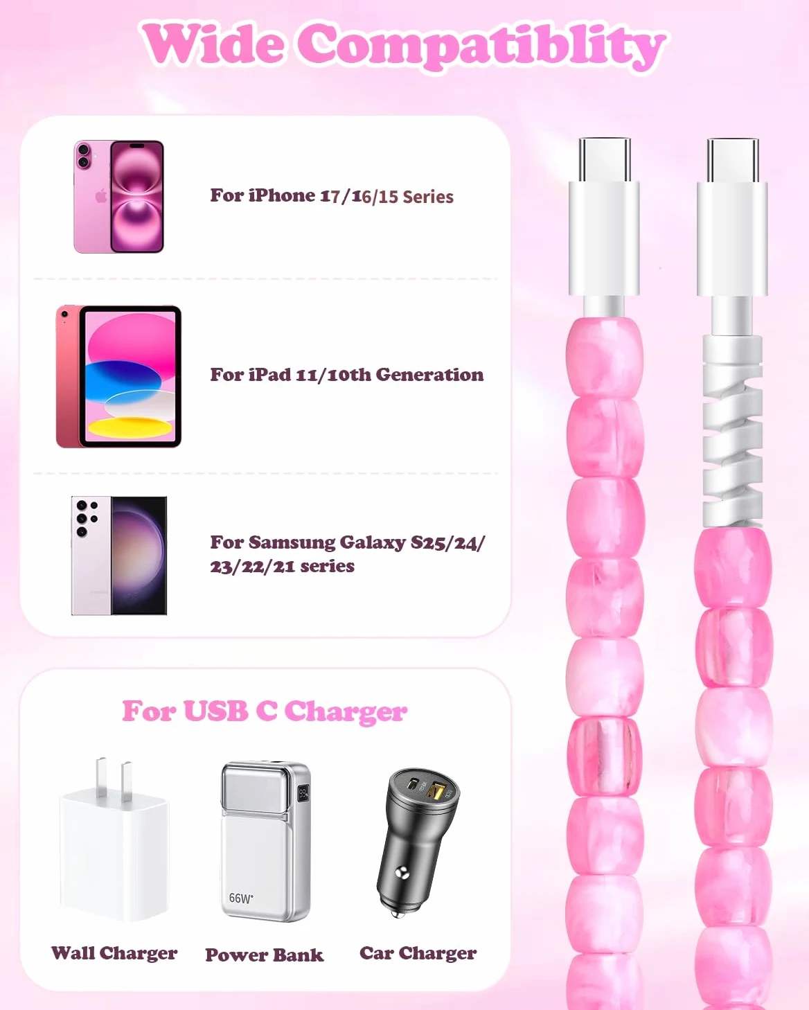 Cavo USB per iPhone 16 con perline cavo di ricarica 66 W ricarica rapida USB C a USB C cavo da 0,9 m elegante e durevole cavo di ricarica in rilievo tipo C caricabatterie ragazze donne per iPhone 15