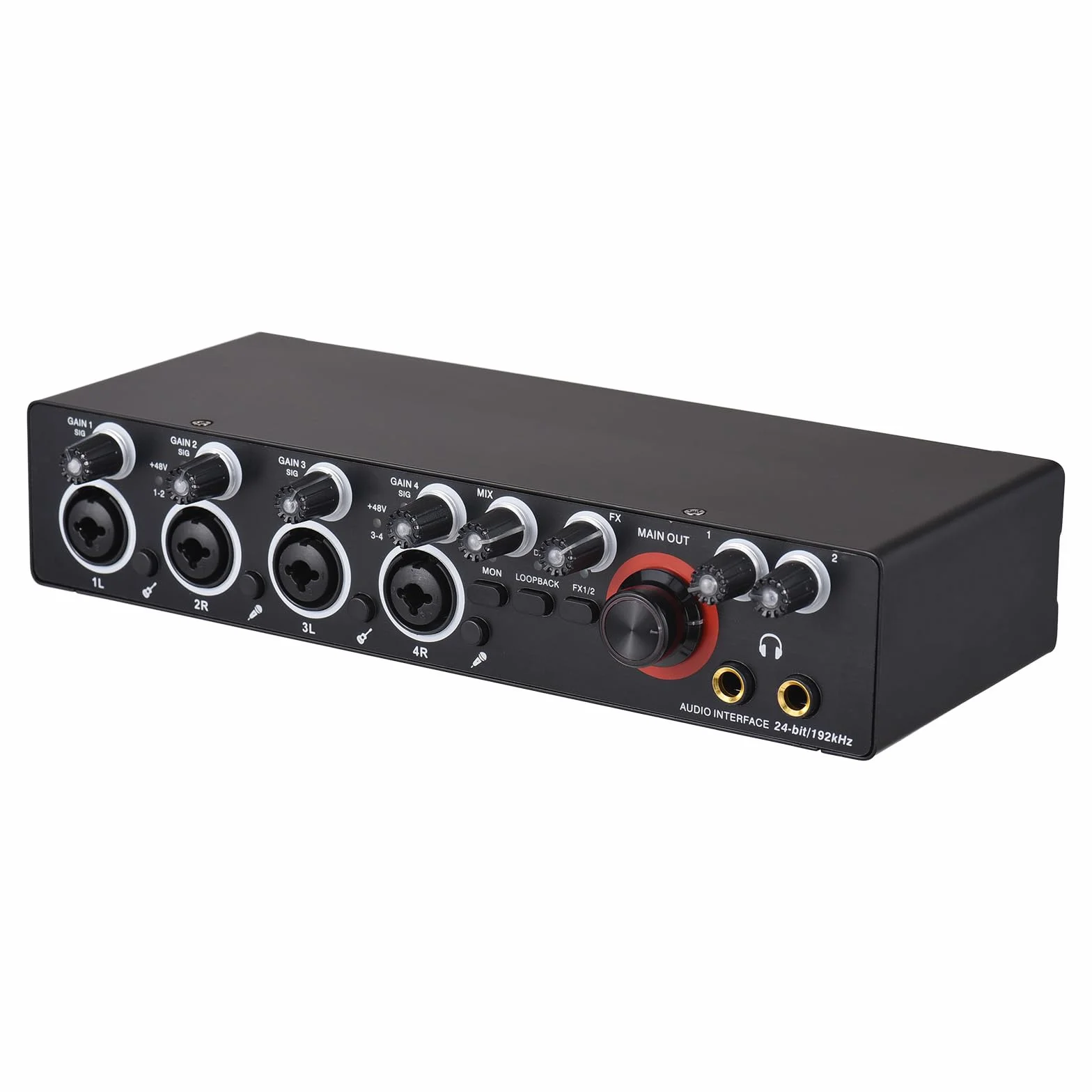 HXBER Scheda audio di registrazione a 4 canali con interfaccia audio senza driver, scheda audio USB da 4 pollici a 4 uscite, 24 bit/192 kHz, alimentatore phantom 48 V per registrazione professionale