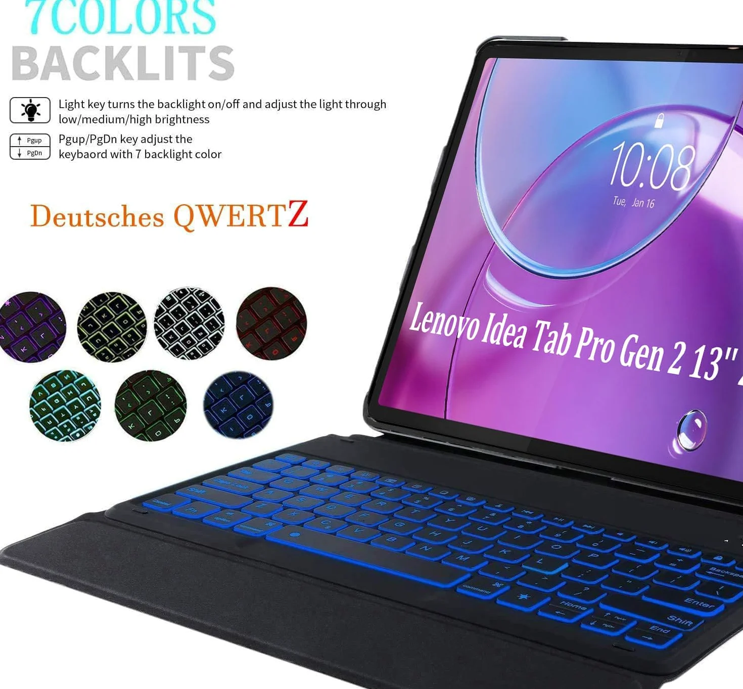 Custodia con tastiera per tablet Lenovo Idea Tab Pro Gen 2 da 13 pollici 2026, QWERTZ tedesco, ultrasottile, con illuminazione a 7 colori, tastiera wireless con custodia protettiva, rosa