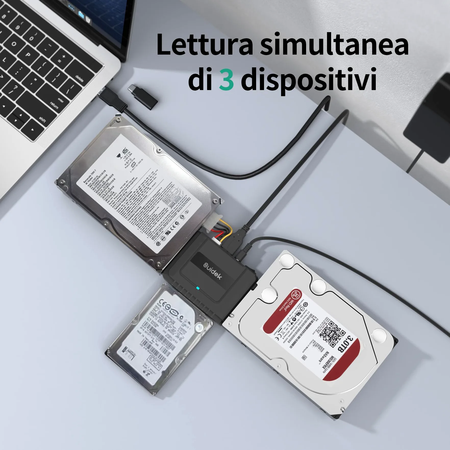 SUIDEK Adattatore da USB C a SATA IDE, adattatore per disco rigido IDE esterno per disco rigido universale da 2,5/3,5 pollici HDD/SSD, kit convertitore SATA con adattatore di alimentazione 12V/2A
