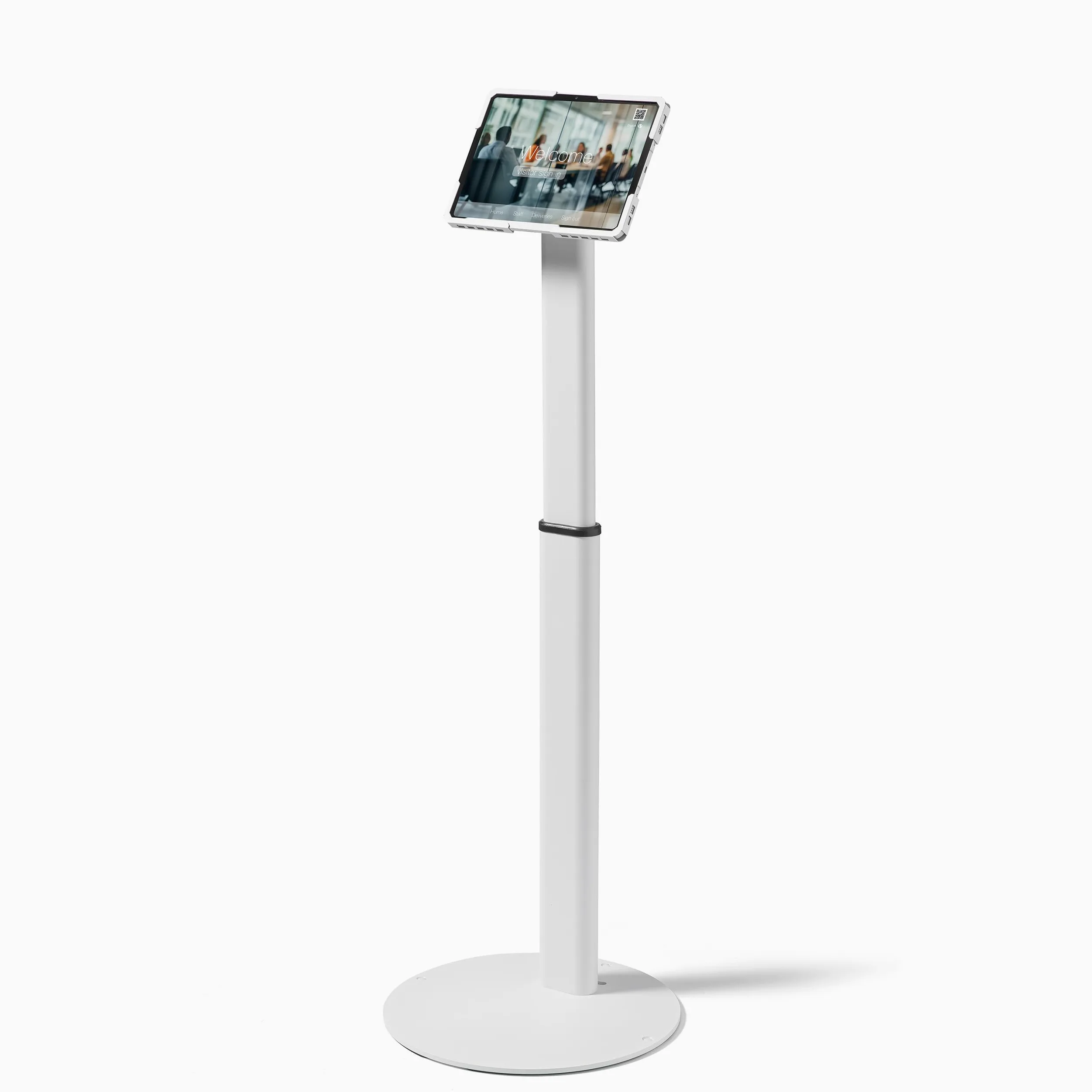 Supporto da pavimento universale per tablet regolabile 70–120 cm – per iPad e tablet 10–13 pollici – girevole, inclinabile, base stabile in metallo, gestione cavi, bianco