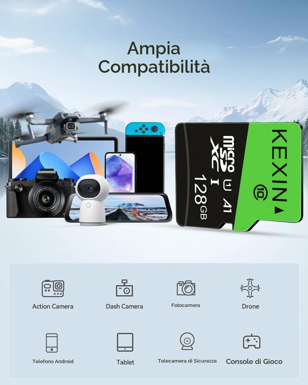 KEXIN Micro SD 128GB 3 Pezzi, Scheda Micro SD 128 GB, Scheda di Memoria microSDXC con Adattatore SD, A1, U3, C10, V30, Micro SD Card Confezione da 3