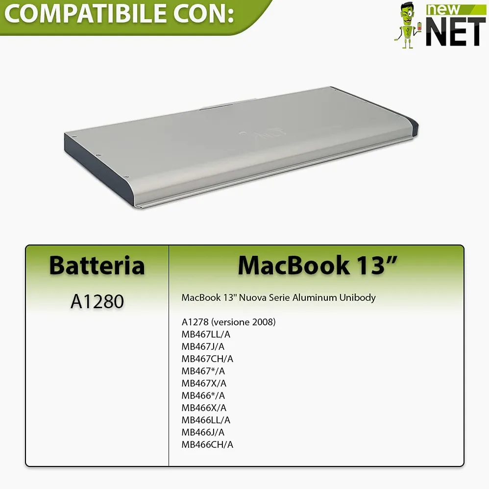 new net Batteries - Batteria [ 10.8-11.1 V - 5400 mAh - 58 Wh ] Compatibile con Mac Book 13 A1280 A1278(2008 Version)