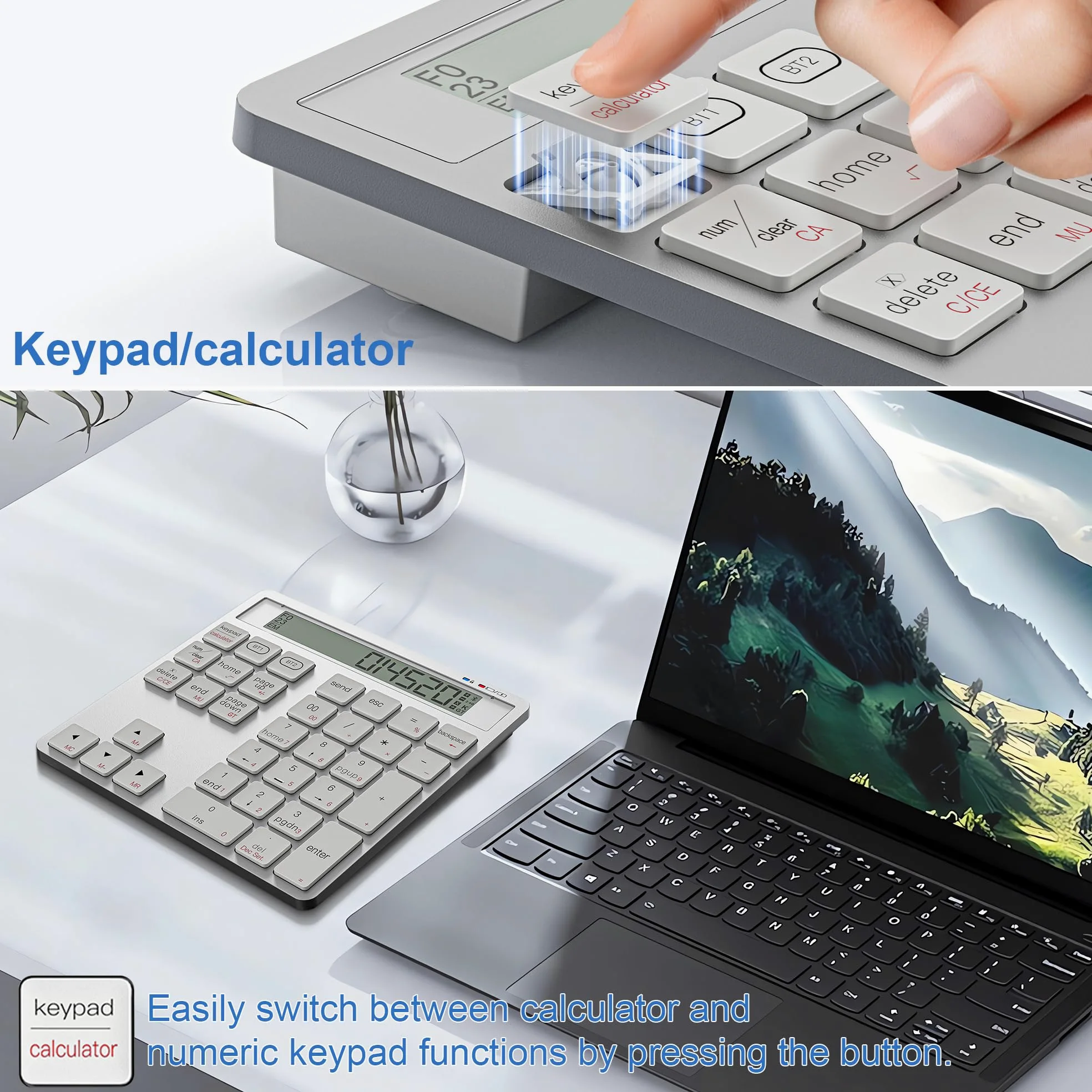 Tastierino numerico 2-in-1 ricaricabile con Bluetooth e USB, 34 tasti con display calcolatrice, sottile e portatile per PC/Mac/tablet, inserimento dati e contabilità rapidi