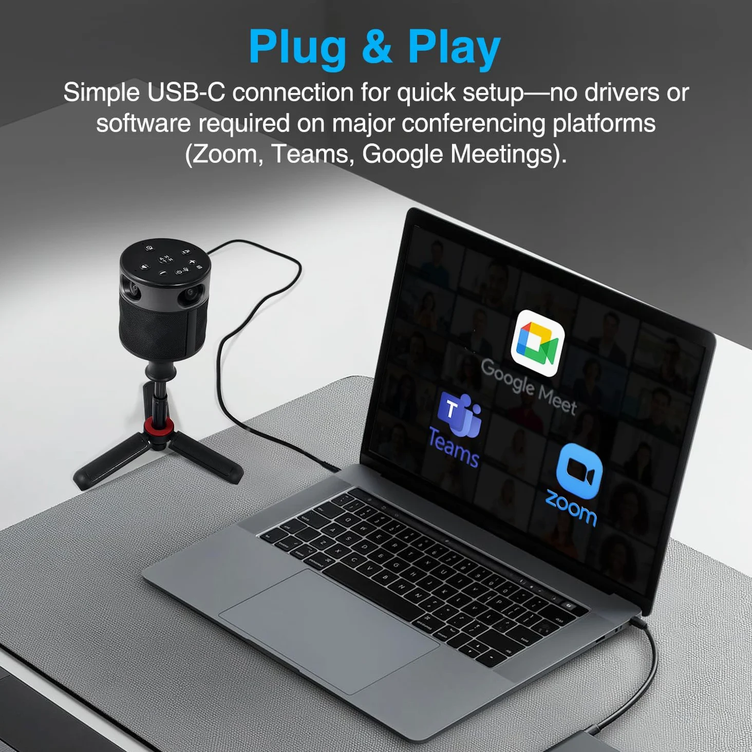 360 telecamera per conferenza all-in-one - 360° telecamera conferenza per PC e Mac, con altoparlante e microfono, riconoscimento automatico degli altoparlanti, registrazione 1080p e