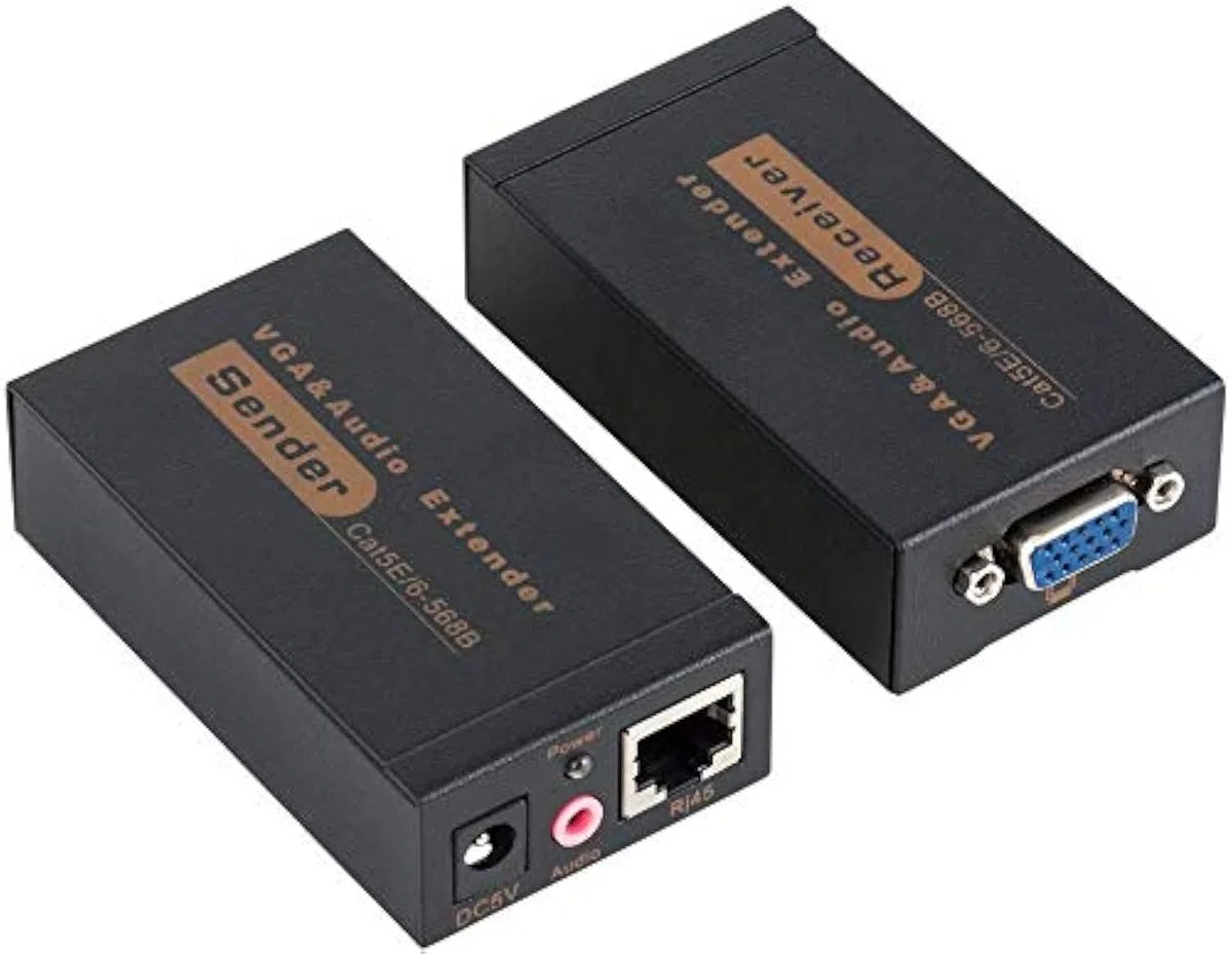 VGA Extender VGA a RJ45 2 pezzi 100m, Amplificatore Splitter Video Ricevitore Trasmettitore Cavo Ethernet con Supporto Audio Mittente Ricevitore DVR HD 3D