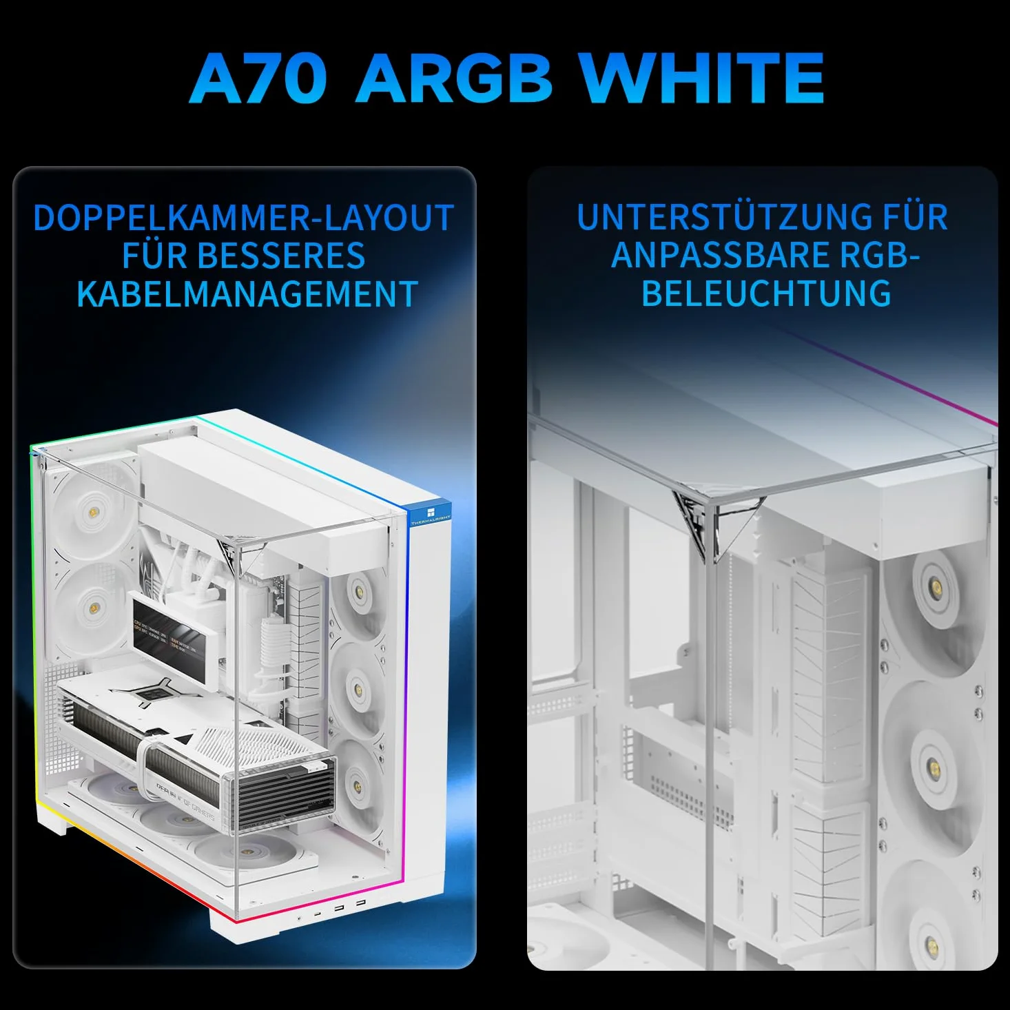 TR Alloggiamento per computer A70 ARGB bianco, illuminazione ARGB da 5 V, eccellente dissipazione del calore grazie alla ventilazione a rete, più alloggiamenti per dischi rigidi, adatto per lavori fai