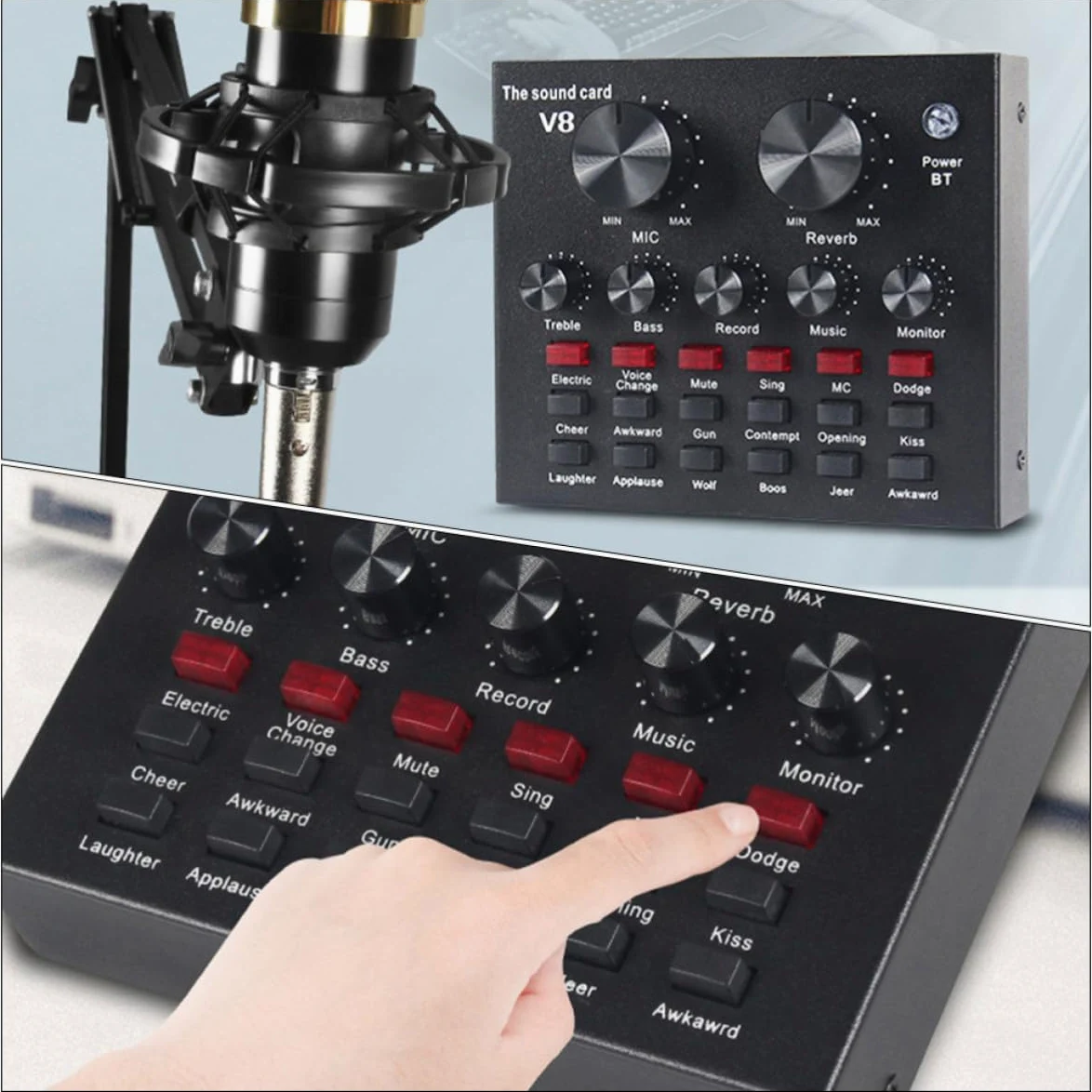 Housoutil Scheda Audio Esterna Professionale Mixer Audio e Effetti, Microfono Condensatore Nero in Metallo Volume Regolabile per Live Streaming e Canto