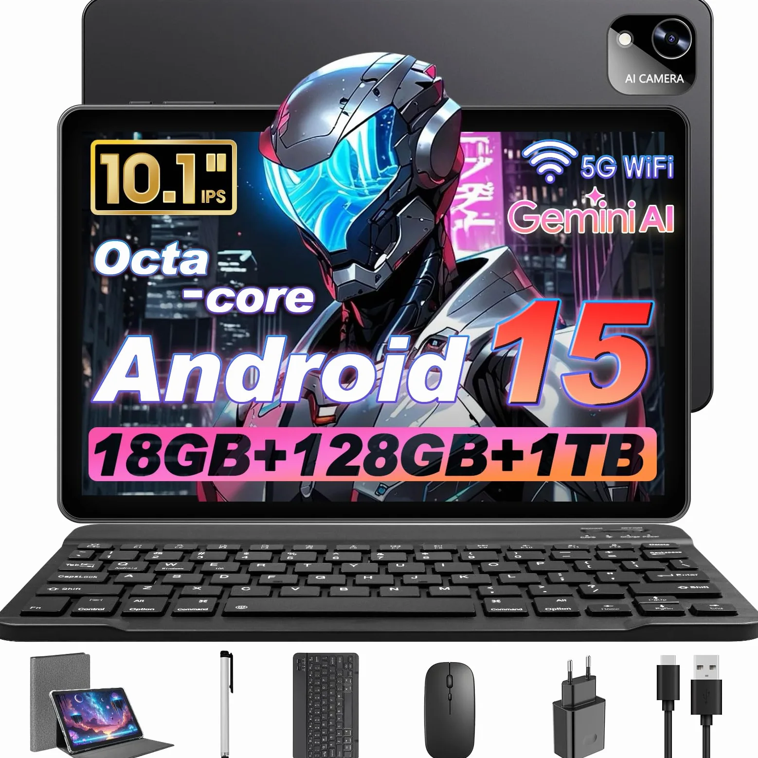 Raemond Tablet Android 15 10,1 pollici con Tastiera, Octa-Core T30, 18GB RAM, 128GB Memoria fino a 1TB TF, Display IPS 1280×800, WiFi 2.4G/5G, BT 5.2, GPS, Face ID, USB-C, Batteria 6000mAh, Nero