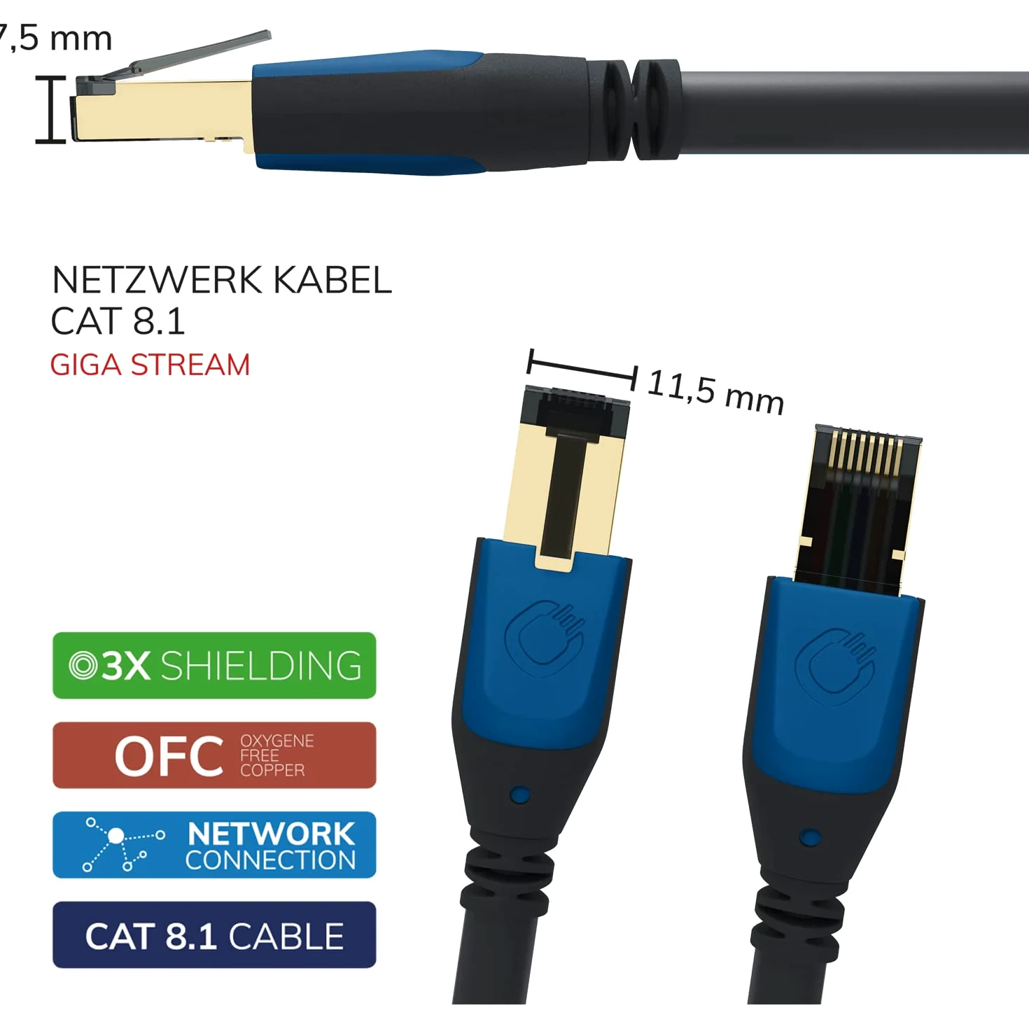 Oehlbach Giga Stream - Cavo di rete Cat 8.1 Streaming, 40 Gbit/s, RJ45, schermatura a 3 strati, rivestimento in TPE Twisted Pair – OFC in rame privo di ossigeno (streaming, gaming, Home Network) –