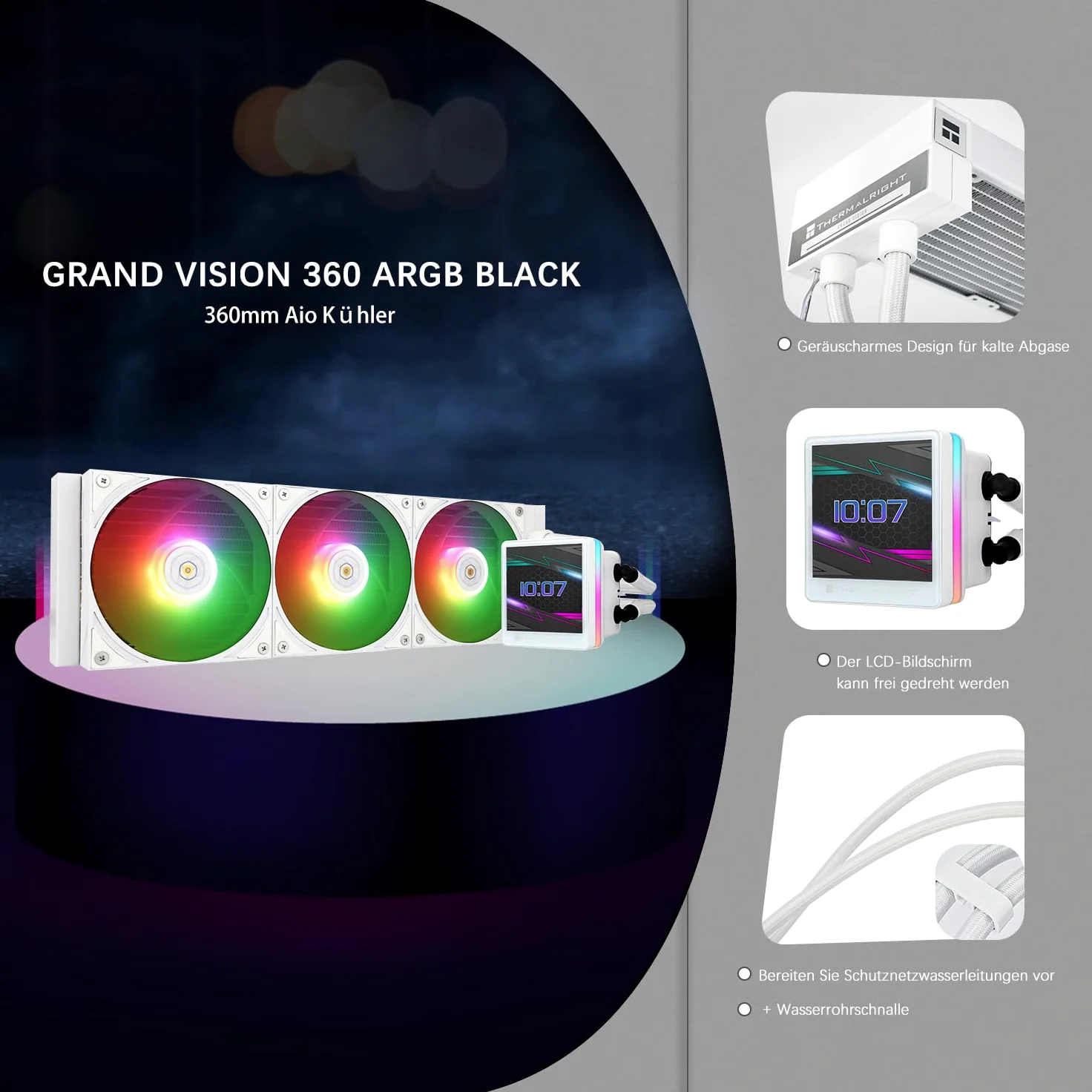 TR-Thermalright Grand Vision 360 ARGB Bianco, ventola di raffreddamento CPU con schermo LCD IPS da 3,4 pollici con risoluzione 480x480, magnete, tema schermo fai-da-te, per AM4/AM5, LGA1851/1700/115x