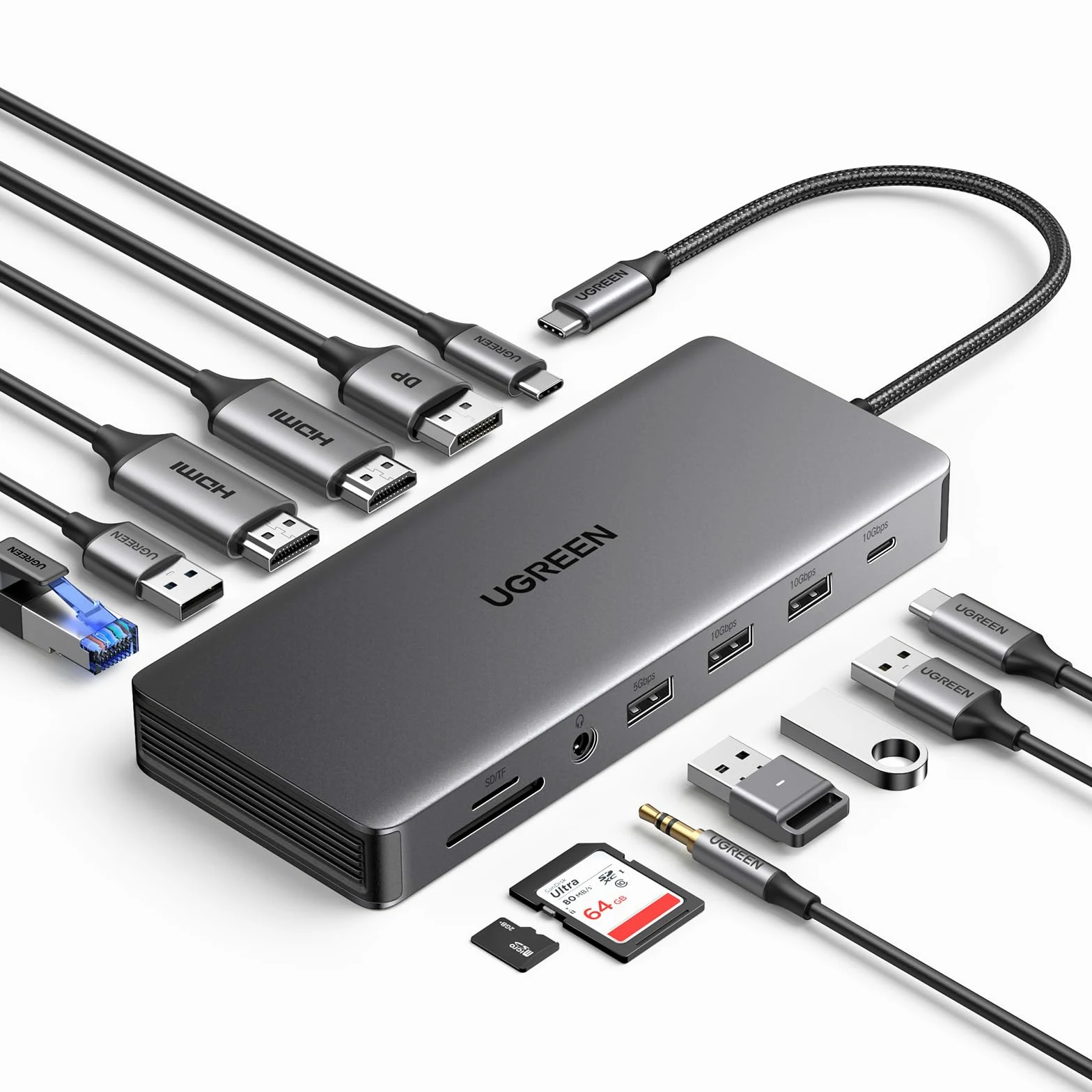 UGREEN Revodok Pro 313 Docking Station Triple Display, 13-in-1 USB C Dock con doppia HDMI, DP, 10 Gbps USB-C e USB-A Data Port, 100W PD, Ethernet, SD/TF, 3.5mm Audio per XPS, Thinkpad e altro
