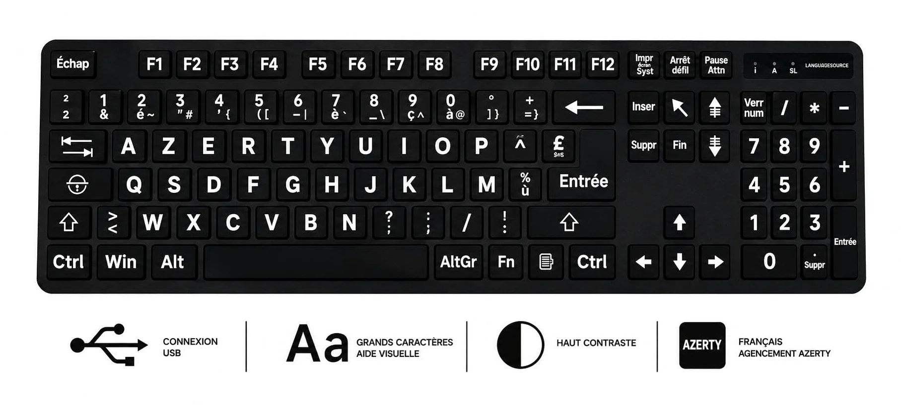 Tastiera francese con stampa grande, layout francese azerty, tastiere USB cablate per computer per ipovedenti e ipovedenti