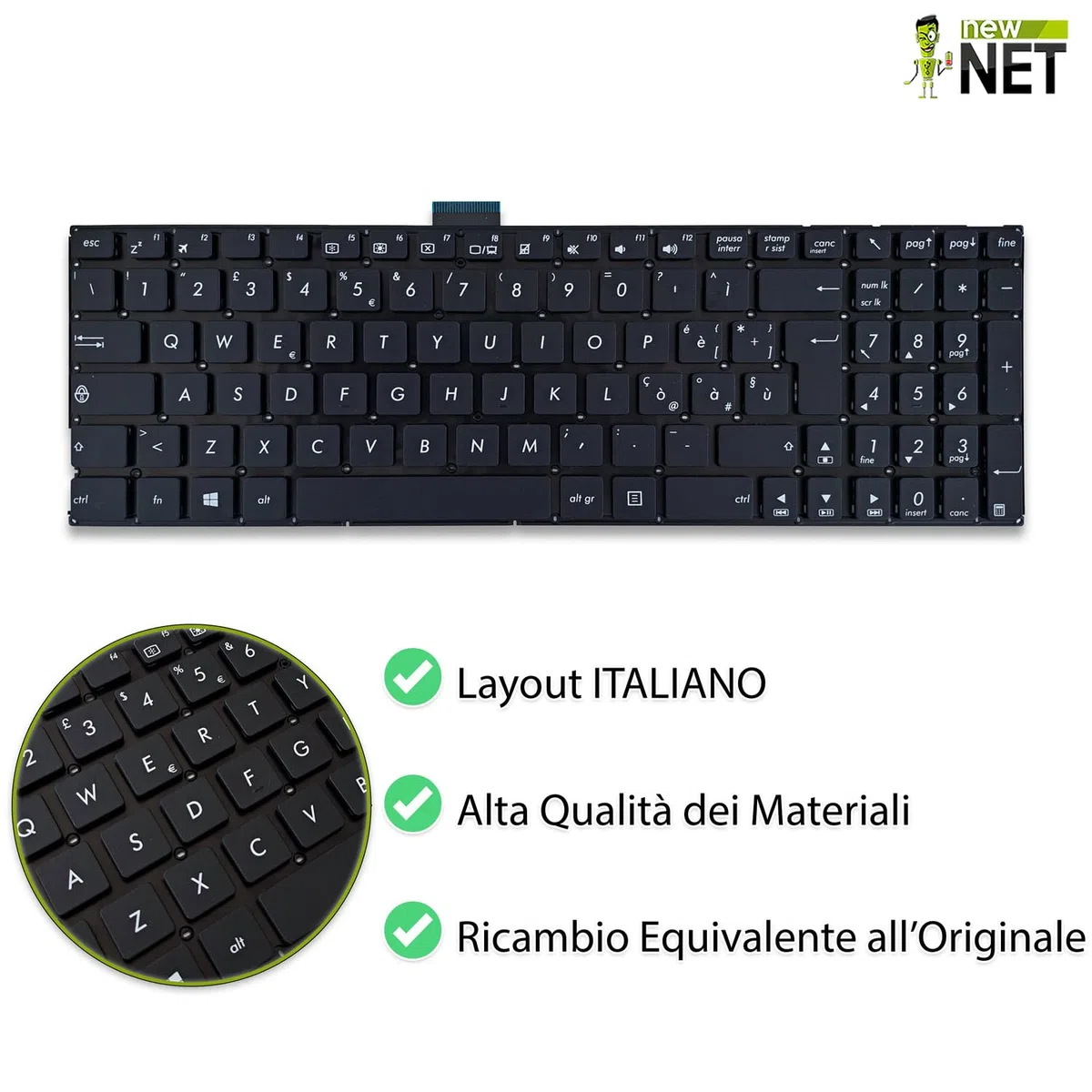new net - Tastiera compatibile con ASUS X554L, X554LA, X554LAB, X554LB, X554LD, X554LF, X554LI, X554Y, X554YA, X554YI [Senza frame - colore tasti Nero - Layout ITA]