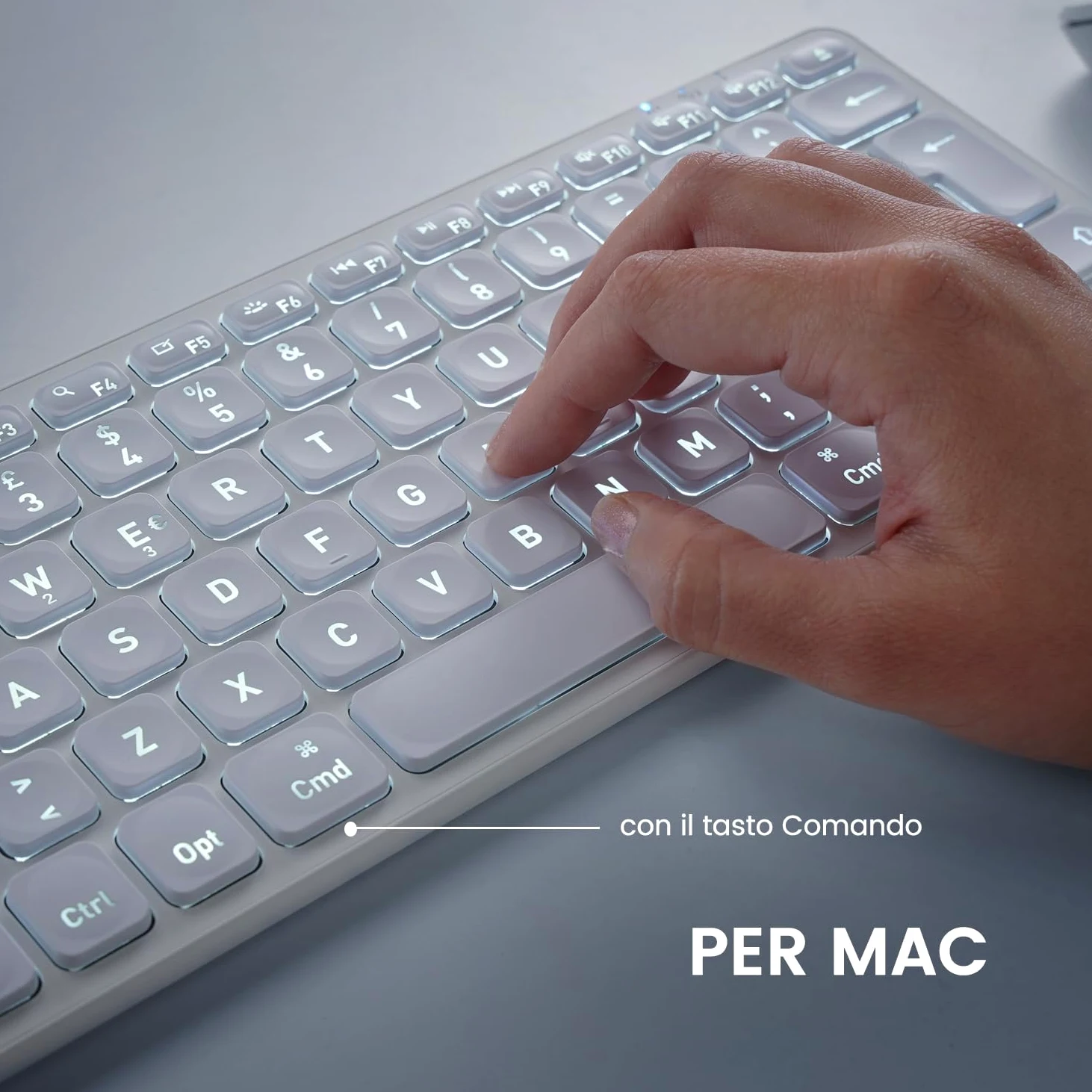 Perixx PERIBOARD-832M Tastiera Wireless Mini Retroilluminata, Bluetooth 5.1, Tasti a Forbice, Ricarica USB-C, Compatibile con macOS 11.2.1+, Layout Italiano QWERTY, Bianco