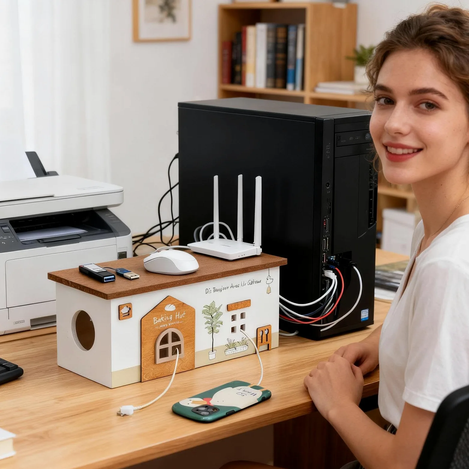 Organizzatore Cavi Cestini Design a Cabina Realizzati in Legno | Custodia Cavi Multiuso Per Scrivania Elettronica Telefono TV Viaggio Esterno