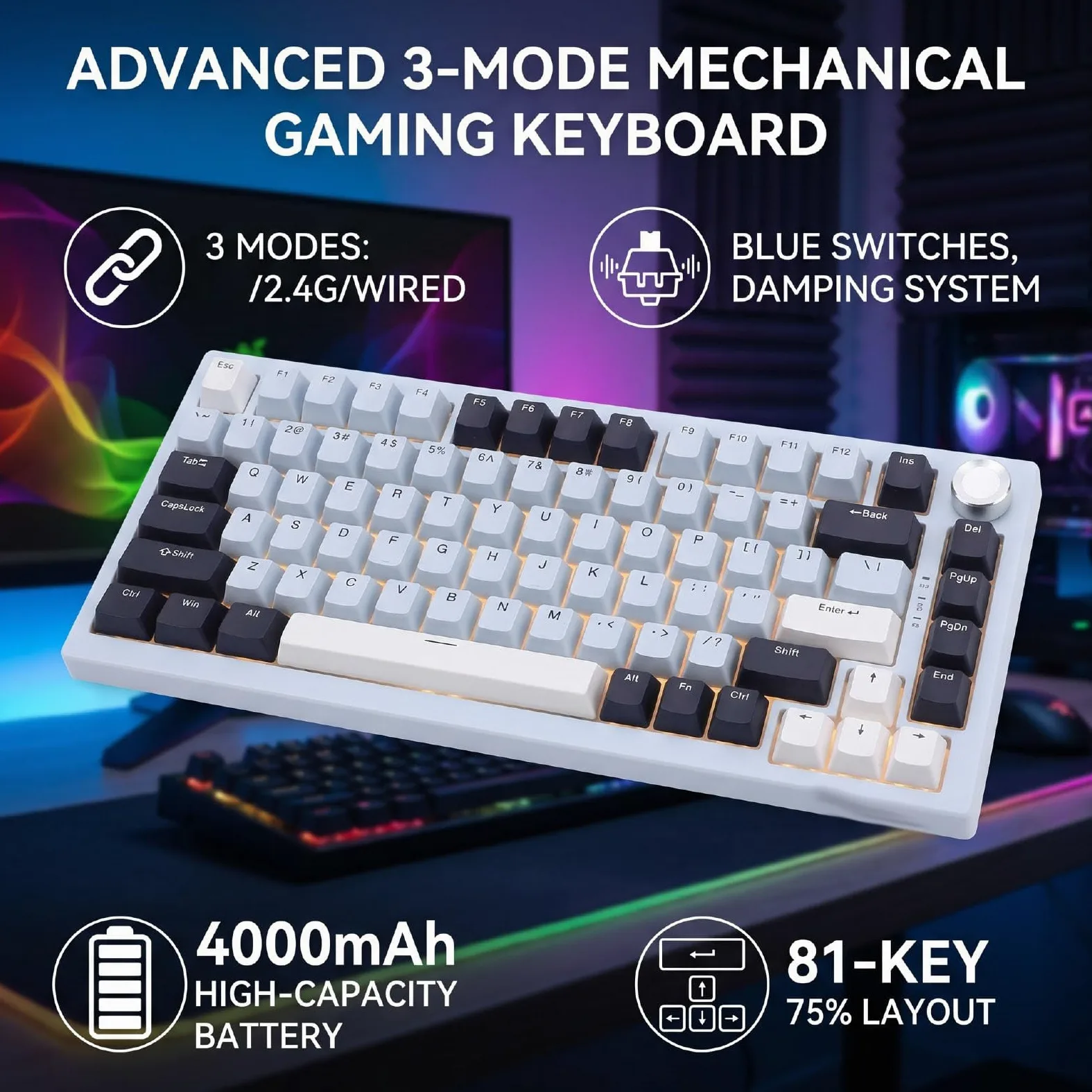 Annadue Tastiera Meccanica Bluetooth Wireless a 81 Tasti per PC Desktop Portatile (Blu Islanda)