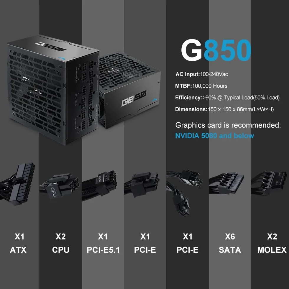 SAMA G850 Alimentatore – 850W Full Modulare,80 PLUS Gold, Compatibile ATX 3.1 & PCIe 5.1, Condensatori Giapponesi, Ventola FDB 150 mm, Supporto GPU RTX Serie 50/40 - Nero