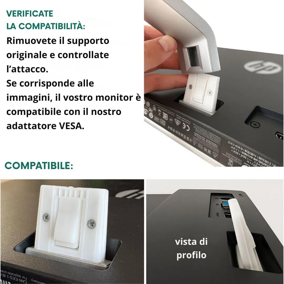 Adattatore VESA compatibile con monitor HP22F, 22ER, 22ES, 22EB, 22EA – 23ER, 23F, 23ES, 23EB, 23EA – 24F, 24ER, 24ES, 24EB, 24EA – 25F, 25ER, 25ES, 25EB, 25EA – 27F, 27ER, 27ES, 27ES, 27ES