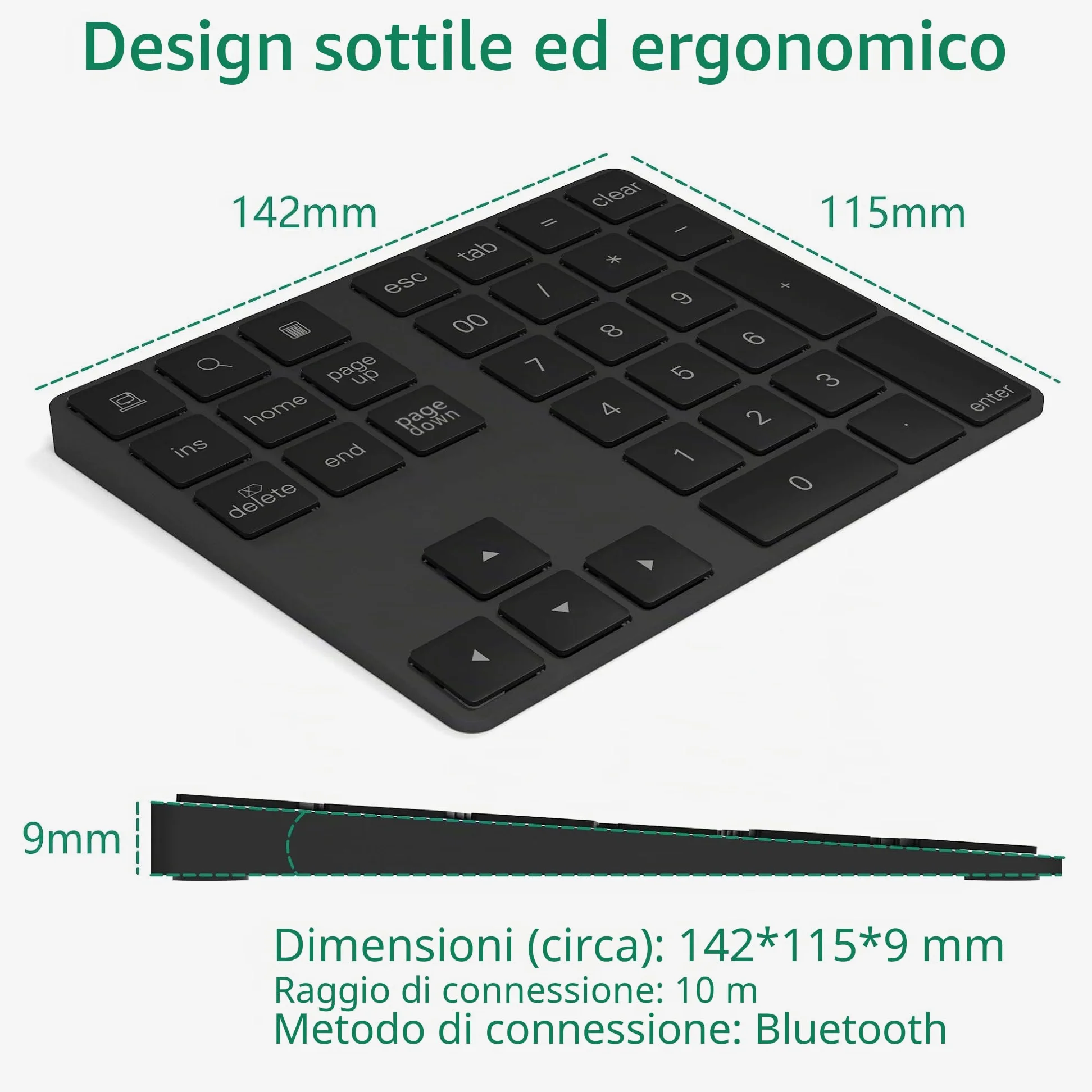 Tastierino Numerico Bluetooth, Wireless Bluetooth con più Scorciatoie Tastiera 34 Tasti Portatile Sottile per iP ad/M ac/Laptop/PC Compatibile con Windows Android iOS System