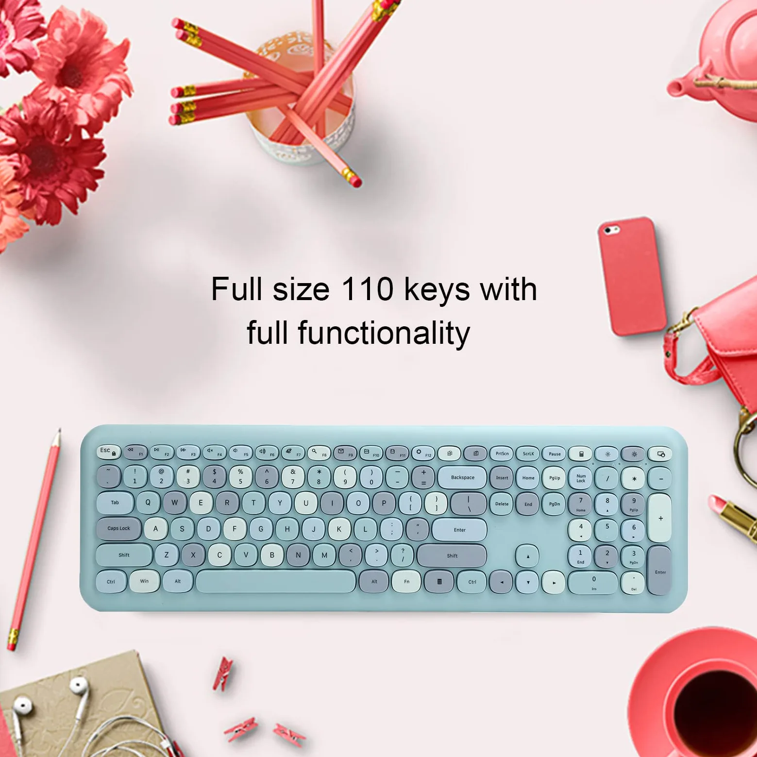 Combinazione Mouse e Tastiera Wireless, Tastiera per Macchina da Scrivere con Tasti Tondi Colorati, Tastiera Kawaii USB 2.4G Compatibile con laptop/computer(blu)