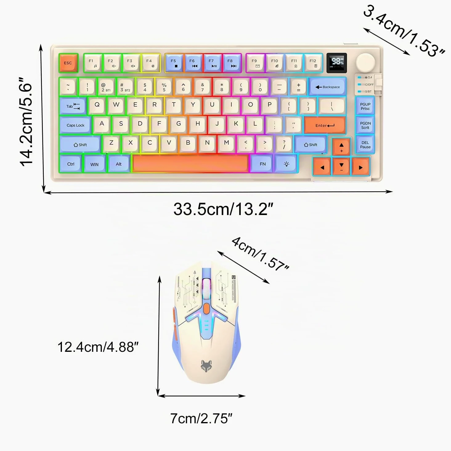 2.4G Tastiera e Mouse Wireless Combo con Dual Mode 80 Tasti Display Volume Manopola Colore Luce Mouse Ricaricabile Dpi Regolabile per Gaming PC Computer