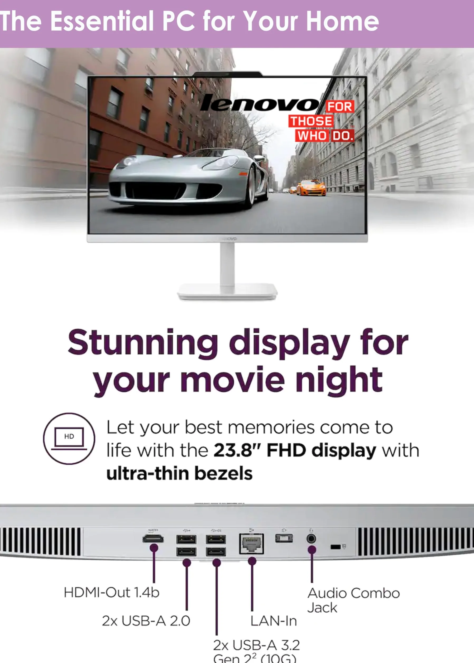 Lenovo Desktop All-in-One con processore Intel 4-Core | Display Full HD da 24 pollici | RAM DDR4 da 32 GB, SSD PCIe da 512 GB | WiFi 6| Bluetooth| USB, porte Ethernet, Windows 11 Pro | Uscita HDMI per