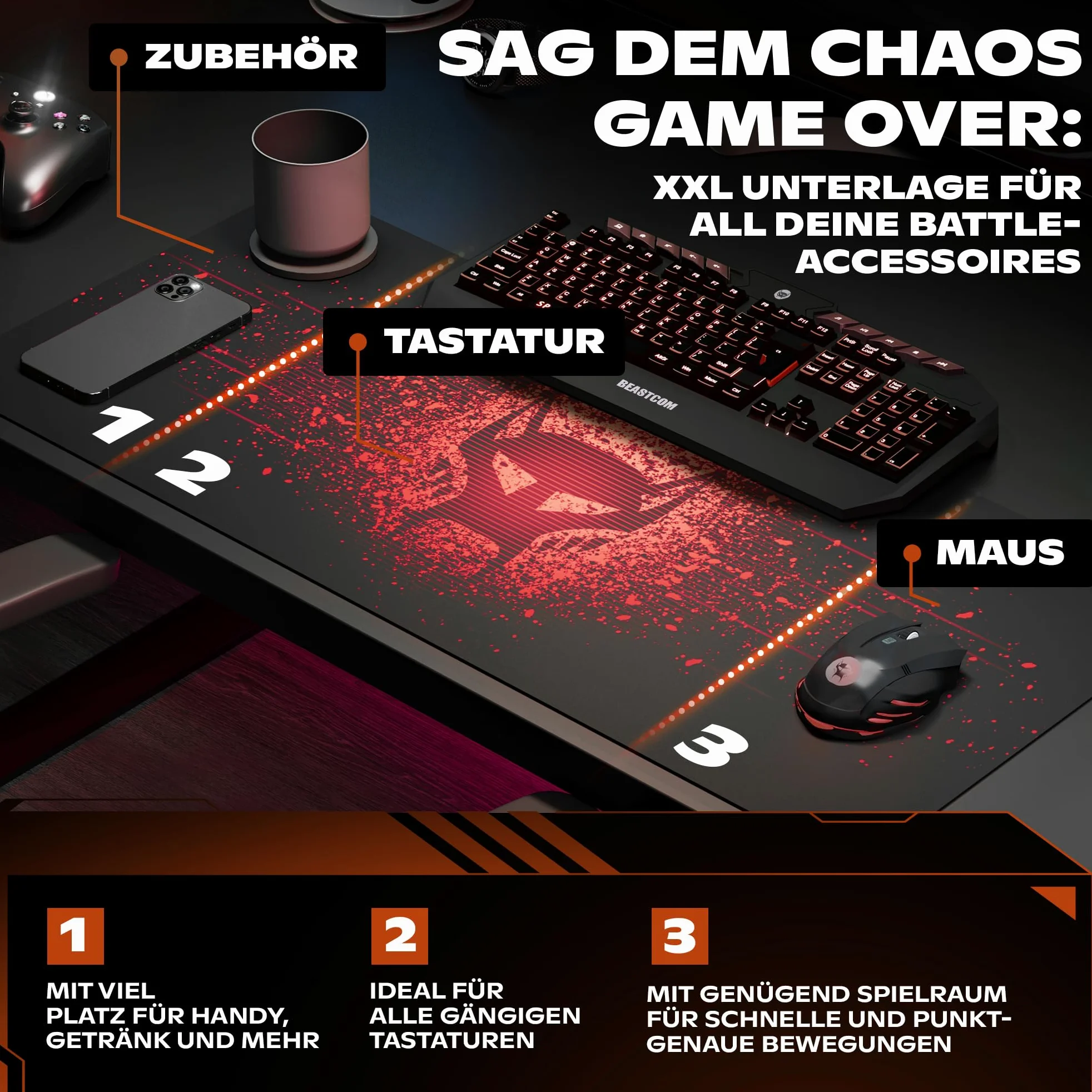 BEASTCOM Hero X2000R - Tappetino per mouse da gaming, colore rosso, XL (900 x 400 mm), base in gomma antiscivolo, facile da scivolare, materiali ecologici, bordi senza cuciture, sottomano da scrivania