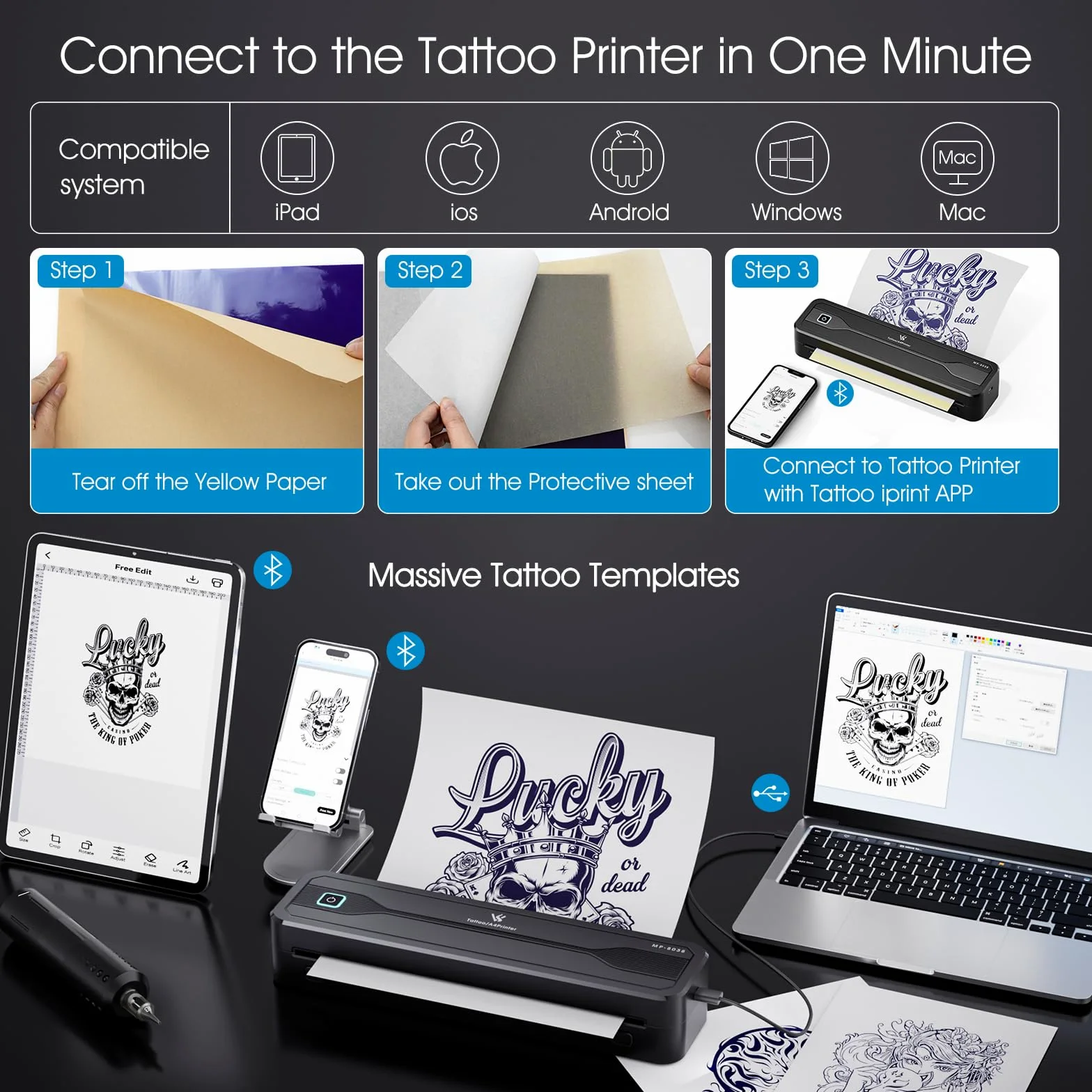 TATELF Stampante Stencil Tatuaggi Wireless A4 Termica Bluetooth | Batteria 2600mAh, 10 Fogli Carta Trasferibile, Compatibile iOS Android Win Mac, Senza Inchiostro Linee Precise per Tatuatori