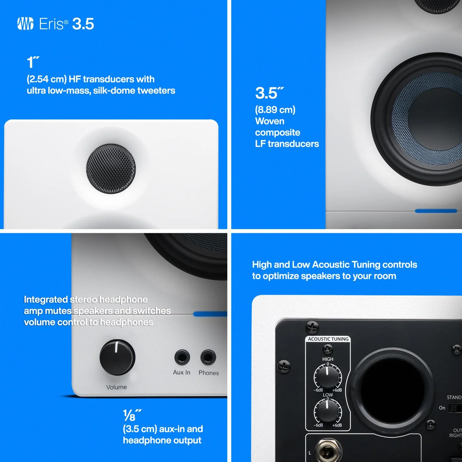 PreSonus Eris 3.5 Gen 2, Altoparlanti Attivi da Scrivania 3.5" per Multimedia, Gaming, Produzione Musicale di Qualità Studio, Potenza 50 W - Bianco