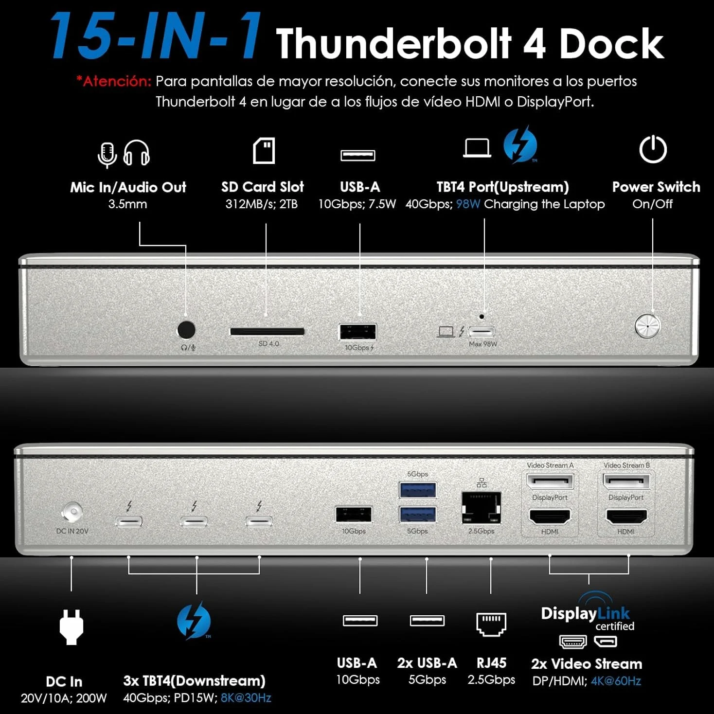 WAVLINK Thunderbolt 4 Docking station 15 in 1, 98 W PD, Single 8 K/Quad 4K Display Docking station con 2 DP/2 HDMI, 4 porte Thunderbolt 4, 4 porte USB A, 2.5 GbE, SD, audio/Mic, compatibile con