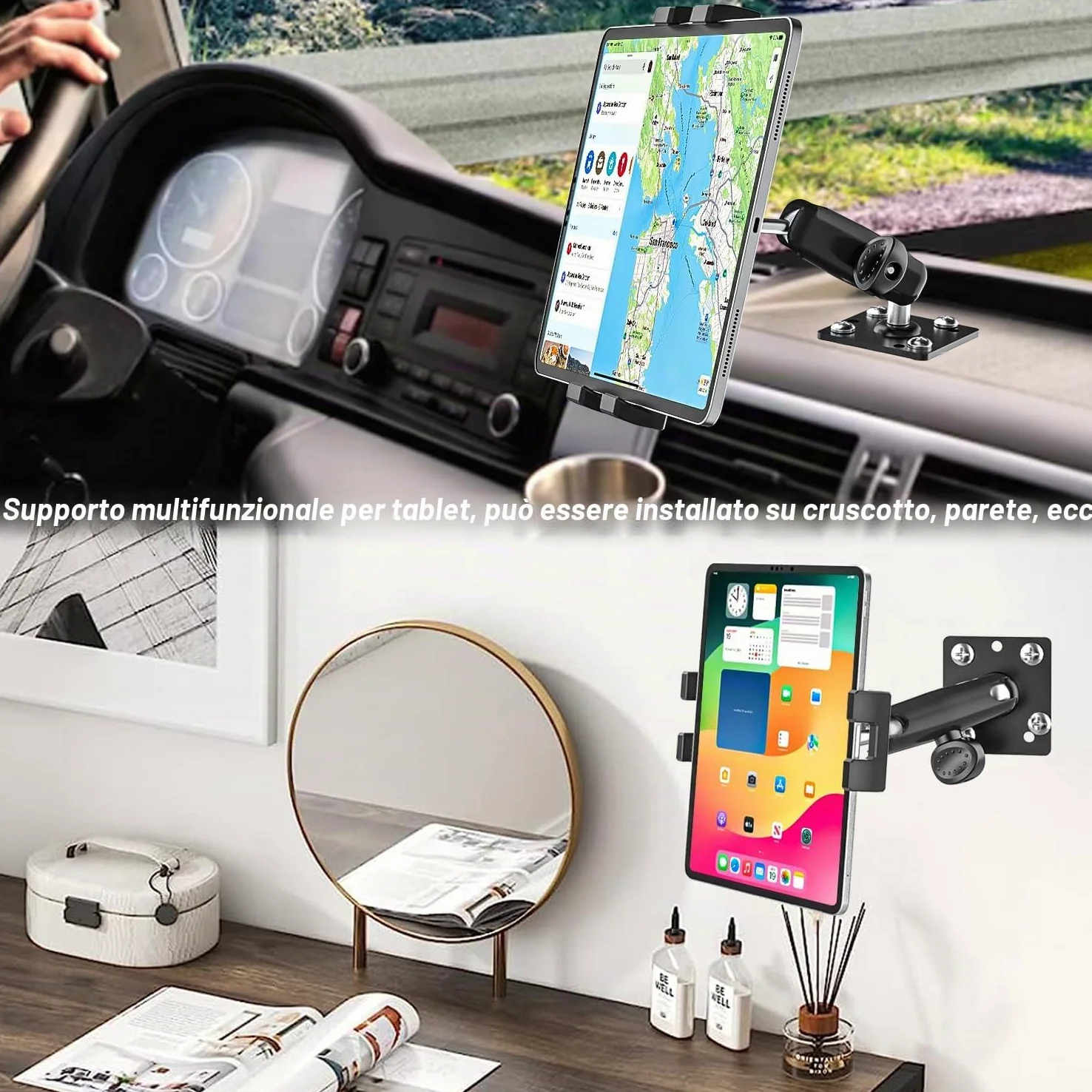 Supporto Tablet Auto con Base Trapano, Supporto Tablet Cruscotto per Veicolo Camion Camper Barca con Braccio Metallico Regolabile per iPad Mini, Air, Pro, Galaxy, Kindle, Fire, Telefono, 4-13"