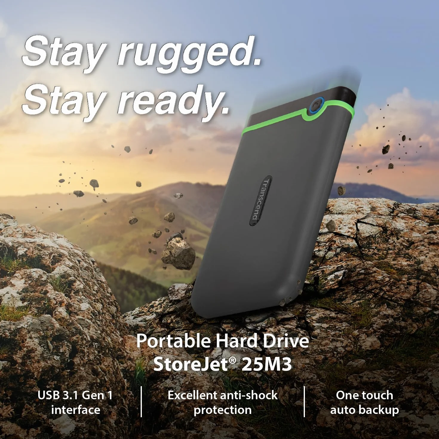 Transcend StoreJet 25M3 da 2 TB USB 3.1, disco rigido portatile robusto, resistente agli urti, compatto e leggero con velocità elevate e pulsante di backup one-touch, grigio ferro - TS2TSJ25M3