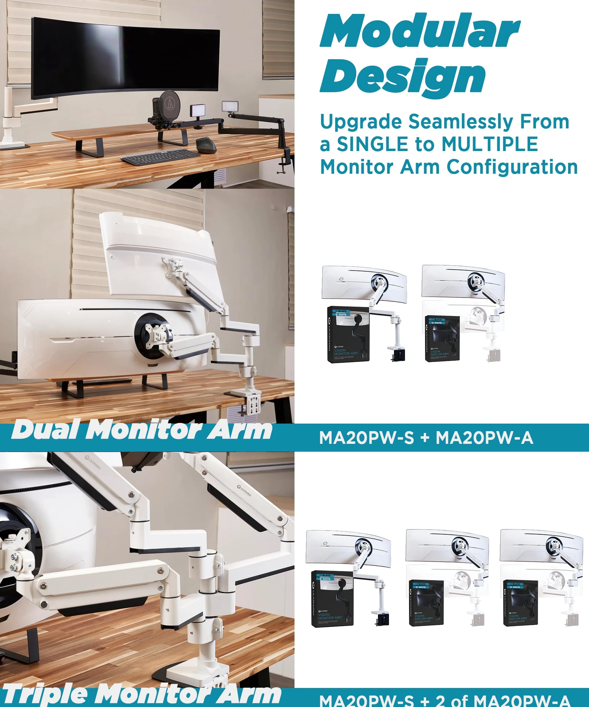 ULTRARM Braccio Heavy Duty per Monitor 57” – Regolabile in Altezza con Molla Pneumatica, Supporto da Scrivania VESA 75x75/100x100, Fino a 20 kg, Bianco, MA20PW-S
