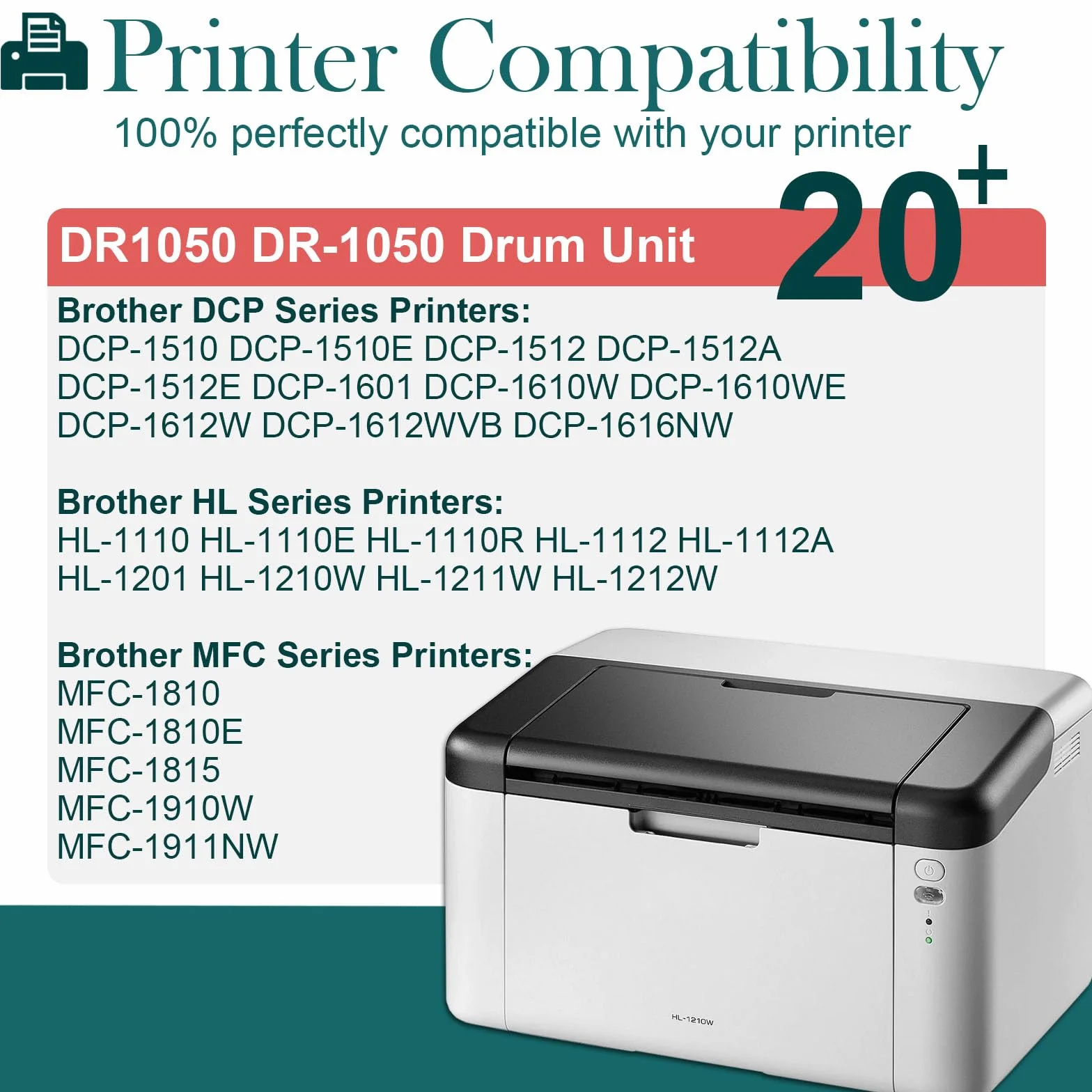 Drum Tamburo DR1050 Compatibile con Brother DR 1050 DR-1050 Stampante DCP-1612W DCP 1610W DCP 1510 DCP 1512 HL 1110 HL 1112 HL 1210W HL 1212W MFC 1810 MFC 1910 MFC 1910W Nero