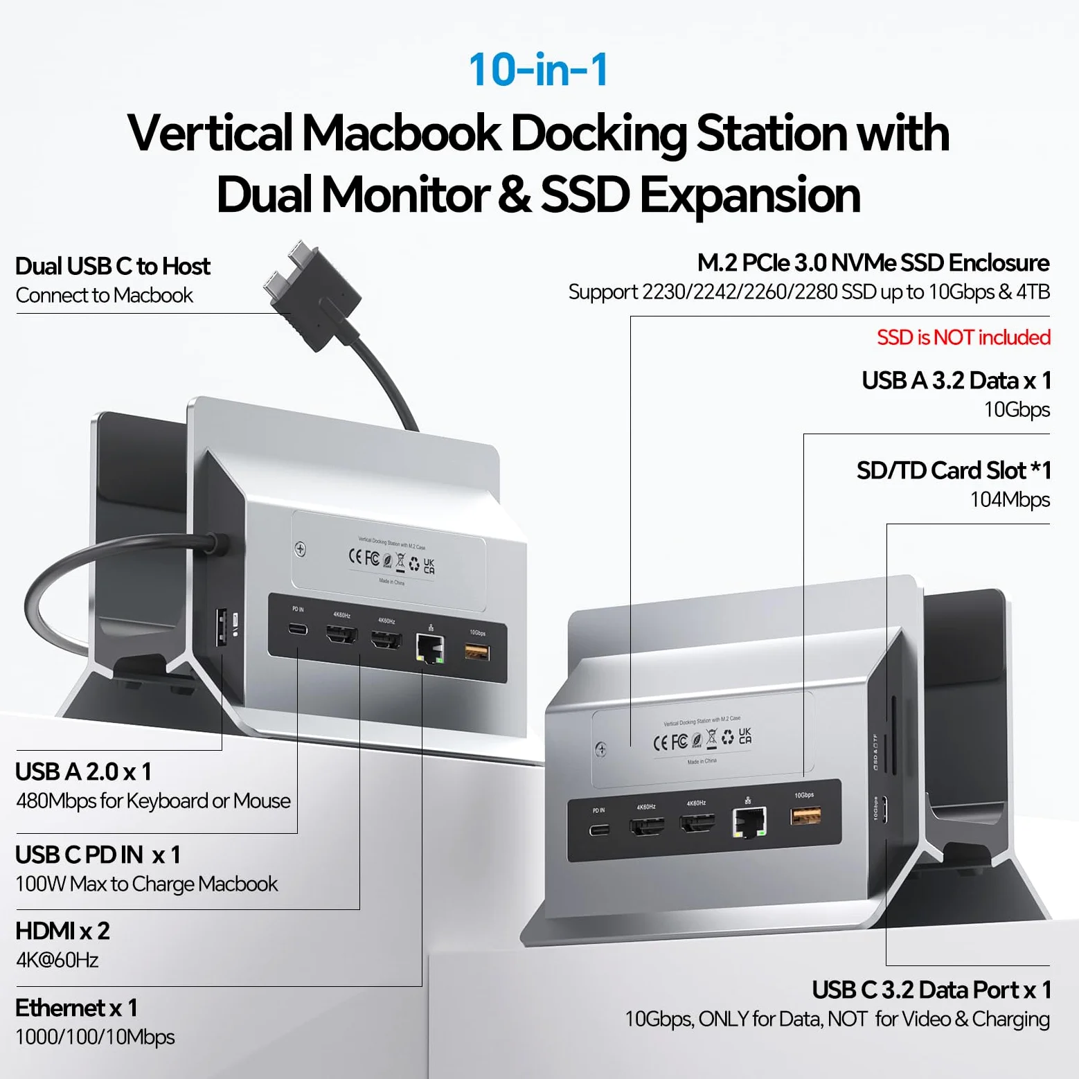 MacBook Docking Station Dual Monitor, Docking Station USB C per laptop con 2 HDMI 4K@60Hz, USB A/C 10Gbps, PD, Ethernet, M.2 SSD Case, Vertical Dock Stand SD/TF per MacBook Pro Air M3 M4 M5