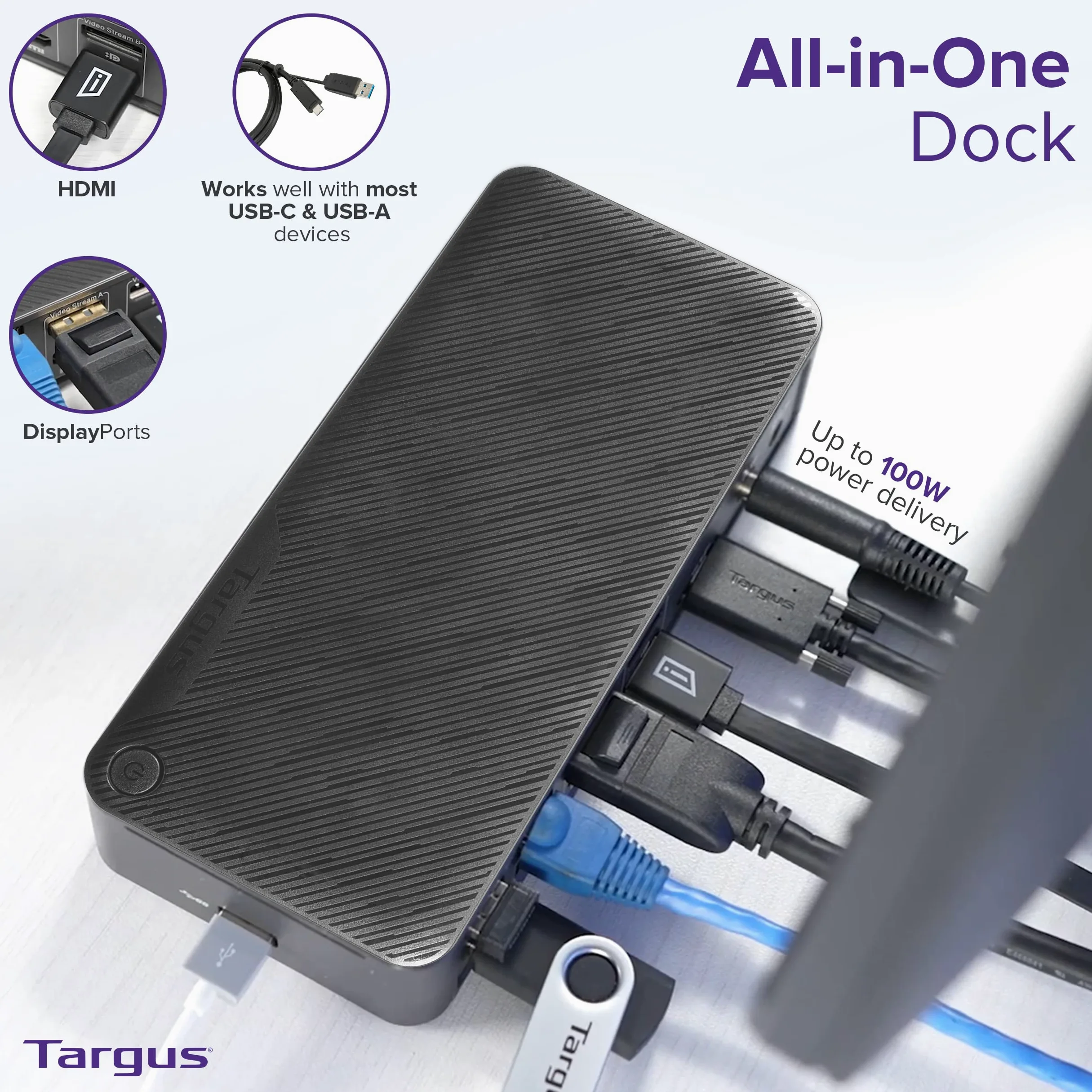 Targus Docking station USB C universale DV4K, USB C per computer portatile, doppio monitor 2 HDMI, con kit di alimentazione host legacy, funziona con sistemi operativi come Windows, Mac, Android, iOS