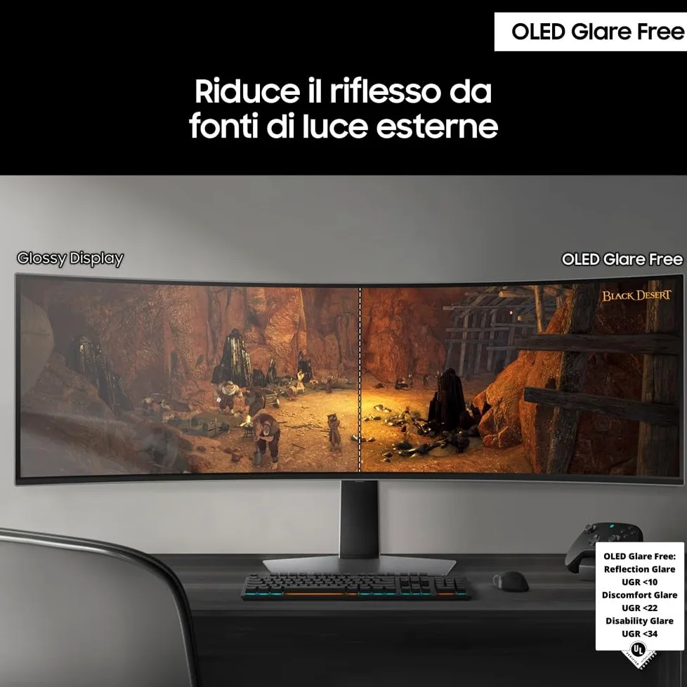 Samsung Monitor Gaming Odyssey OLED G9 (S49DG934), Curvo (1800R), 49'', 5120x1440 (DQHD), 32:9, HDR10+, QD-OLED Glare Free, 240Hz, 0,03ms (GtG), Compatibilità G-Sync, HDMI, Micro HDMI, DP