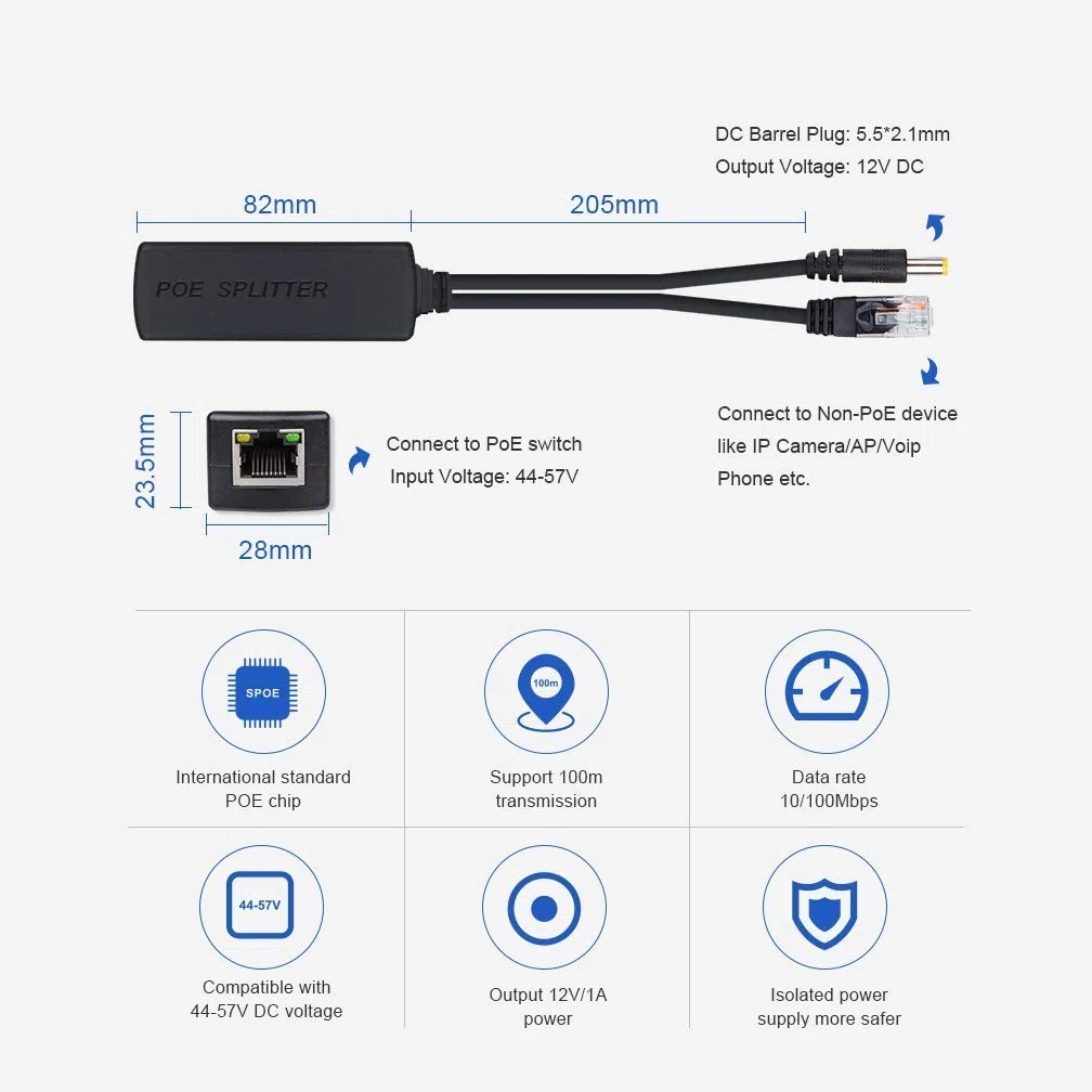 10Gtek [2 Pack] Active Poe Splitter Adattatore, 48V to 12V, IEEE 802.3af Compliant 10/100Mbps up to 100 Meters for Surveillance Camera, Wireless Access Point And VoIP Phone