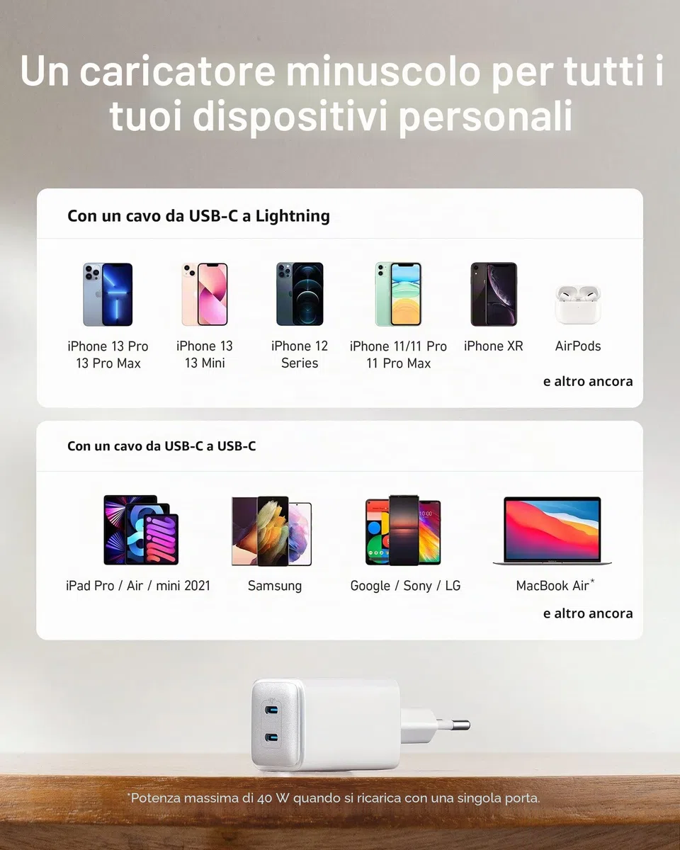 Anker Nano 521 Caricatore USB C 40W, Compatto PIQ 3.0 a Doppia Porta USB-C, Compatibile con iPhone 17 Pro Max/Serie 16-12, iPad Mini, MacBook Air e Altro (Bianco)