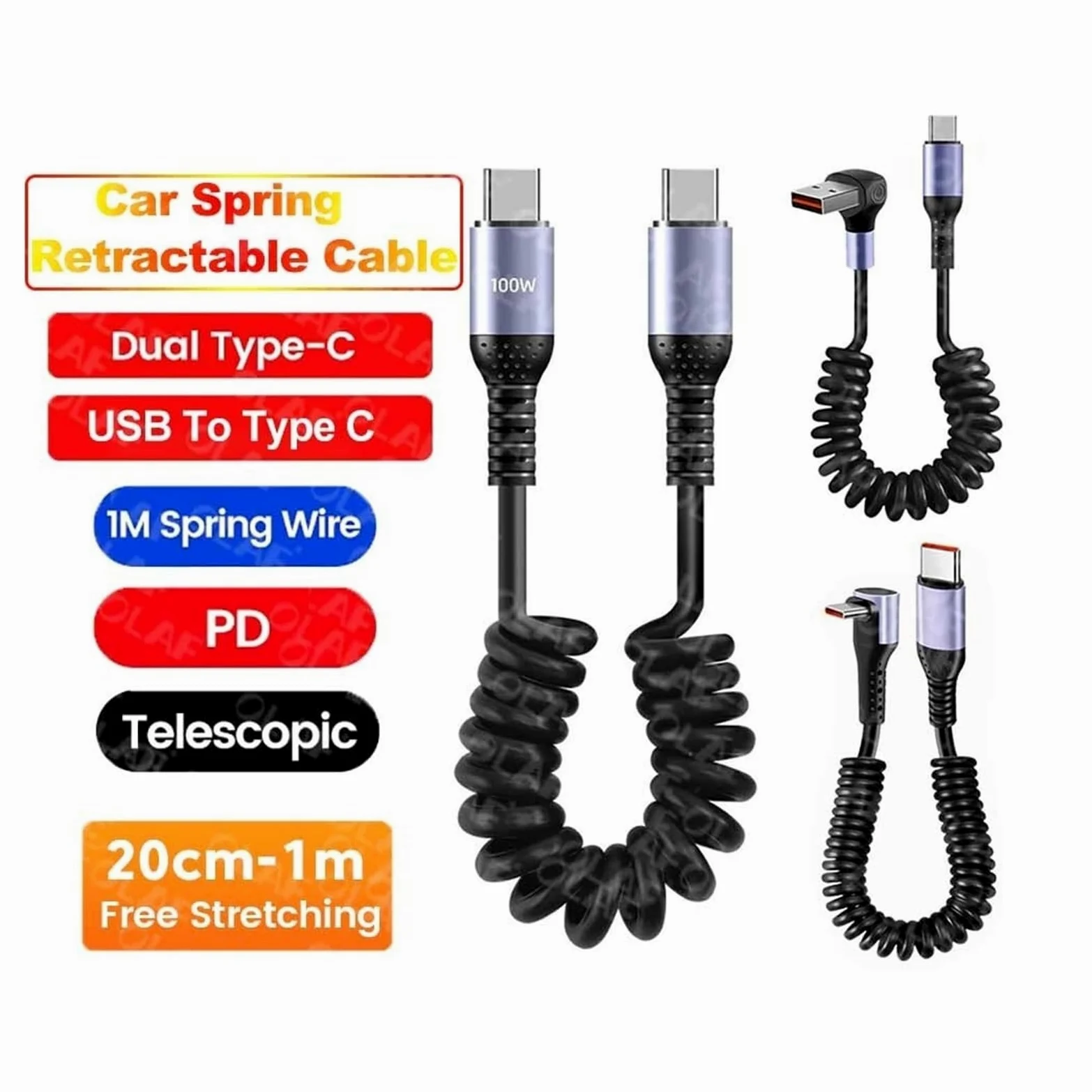 Cavo USB C a gomito a molla, 6 A, 66 W, ricarica rapida, tipo C, per iPhone e Samsung (100 W da C a C)