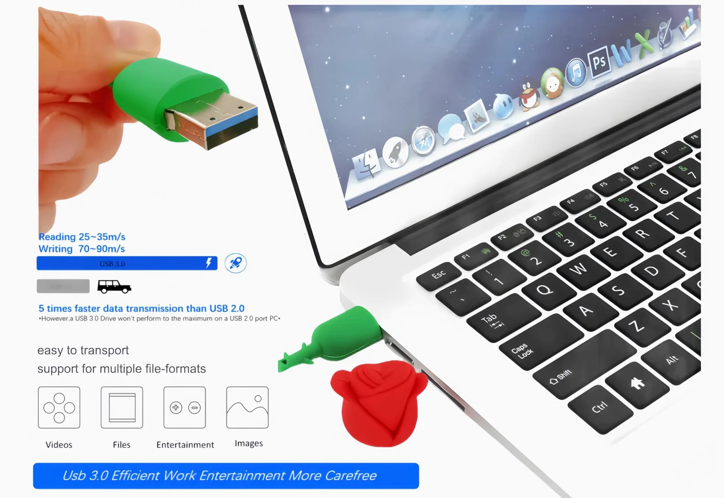 Chiavetta USB 3.0 Flash Drive, 128 GB, a forma di fiore rosso, ad alta velocità di trasferimento
