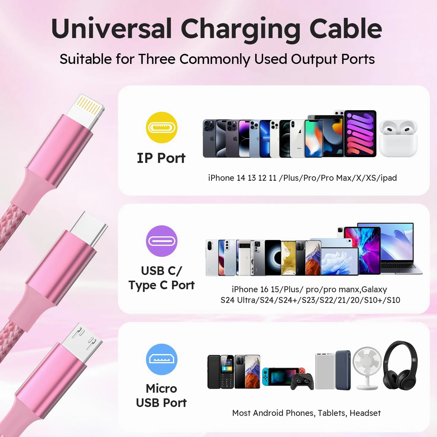 Cavo di ricarica USB 3 in 1, nylon intrecciato da 1,2 m, rosa e oro, confezione da 2